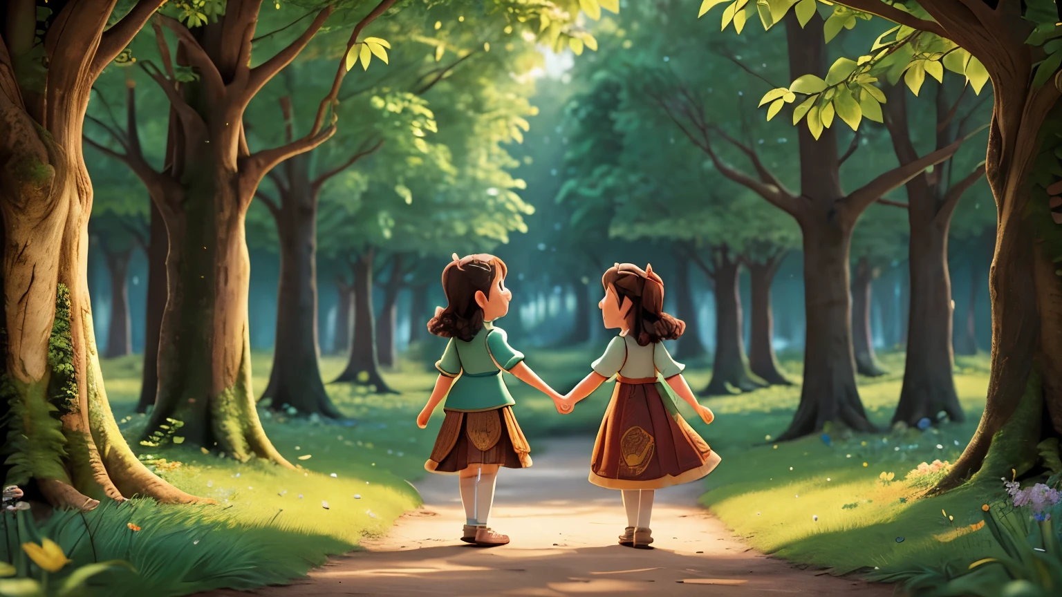 Visualize the scene of Pip and Aurora, their hearts forever intertwined in a bond of love and friendship, as they continue their adventures through the magical forest they call home. Show them surrounded by the beauty of nature, their spirits soaring with joy and contentment as they journey side by side. Illustrate the eternal happiness and fulfillment they find in each other's company, their laughter echoing through the trees as they explore the wonders of their beloved forest. Let the image capture the essence of their enduring friendship and the timeless beauty of their shared journey, as they embrace the magic of life and all its adventures, together, forever.
