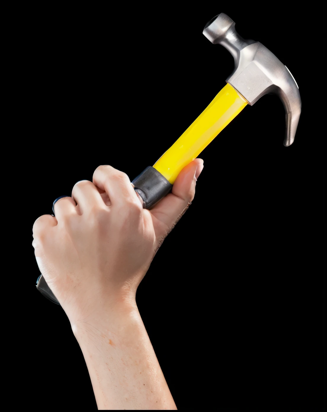 someone holding a hammer in his hand with a black background, holding a hammer, hammer, perfect skin, multiple light sources, rim light, sharp post effects render, perfect cgi, anthropomorphic, digital art, detailed digital art, reflective, best quality, 4k, masterpiece:1.2, ultra-detailed, realistic, vivid colors, dark and moody lighting, The image of the highest quality, ensuring every detail showcased perfectly. It in 4k resolution, allowing viewers to immerse themselves in the richness of the colors and intricate details. The realistic rendering. under the spotlight, reflecting, high-resolution image, realistic rendering, dark background, and rim light