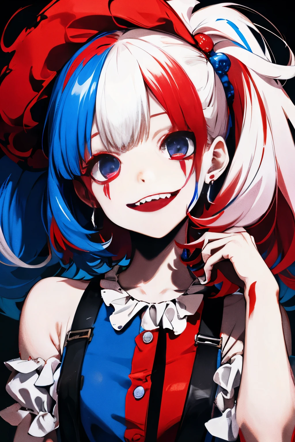 A clown girl whose colors are red and blue/crazy smile/eerie atmosphere