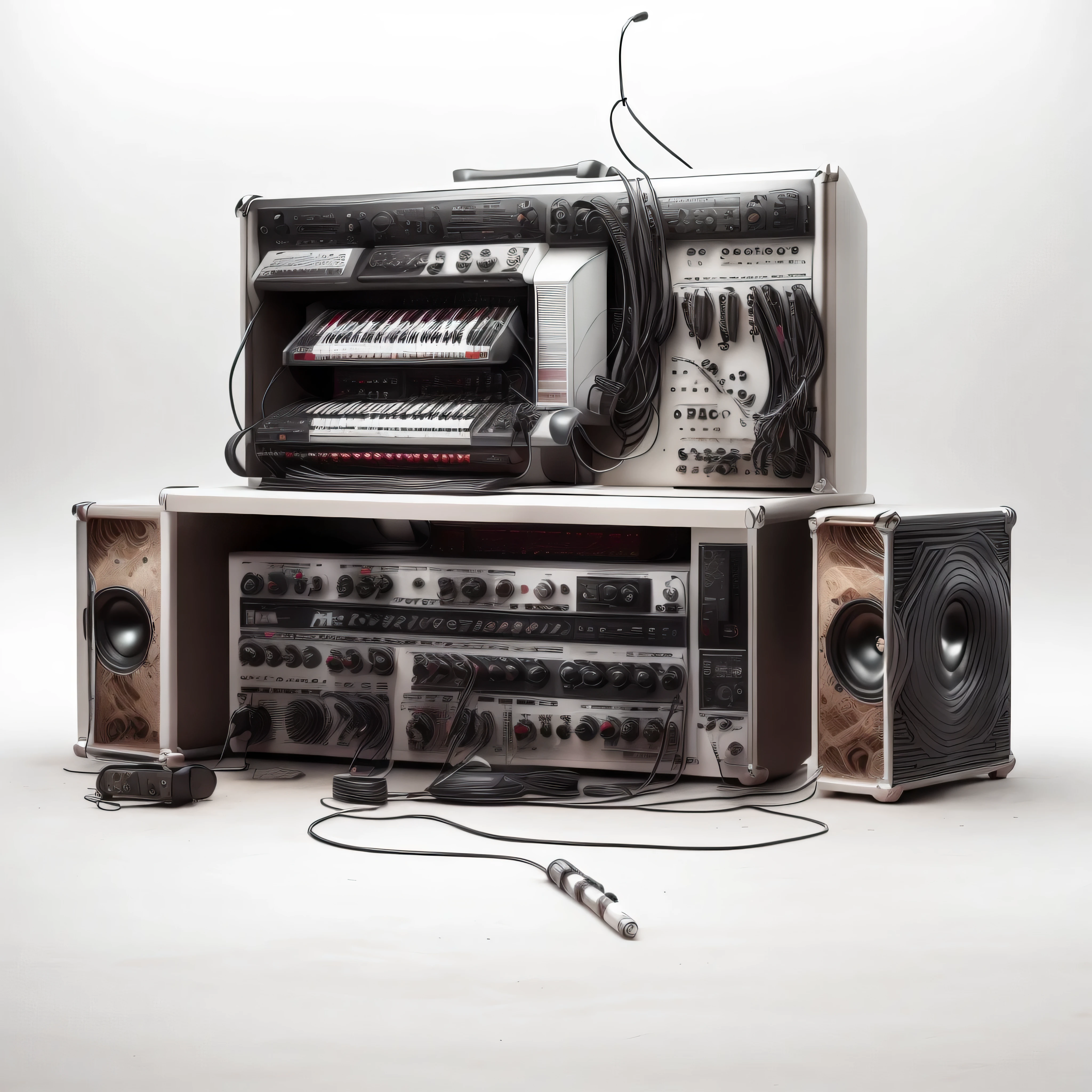 masterpiece，best quality，super detailed，Small stage，band，（condenser microphone），（electric guitar），mixer，vocal，keyboard，dark gothic pattern，（vocal）earphone，Indoor light，vacuum tube，white sand。Microphone cable，Guitar cable，monitor，Various musical instruments