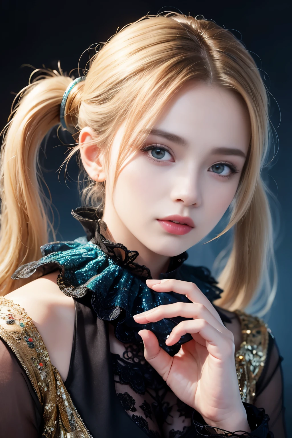 (1 girl,beautiful breasts),gothic,twin tails,gray hair, organza lace,gorgeous and fussy clothes,gothic, flight, green, (colorful), bold stroke, gradient blend[Graduation blend], motion blur, shimmering texture, dynamic composition, atmospheric perspective, Impressionism, , (masterpiece), (highest quality), wonderful, (beautiful and fine eyes), (finely), Depth of bounds written, Very detailed CG, original, highly detailed wallpaper, 8k raw photo, (Bright colors), cinematic lighting,  (colorful), blush,