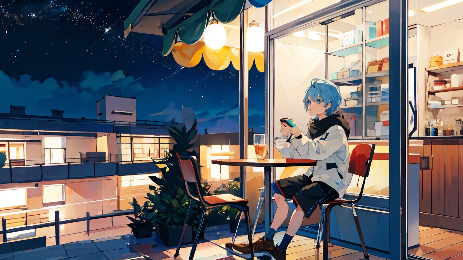 A boy with short light blue hair，Light blue gradient eyes，Casual and simple shorts，Cafe，White tables and chairs，sit on the chair，Lively and cute expression，Exquisite scenes，dark night，starry sky