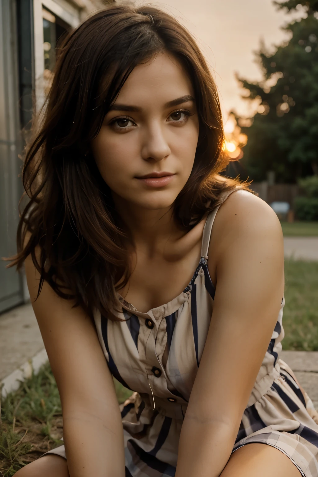 sitting in ground, short dress , female, 28 years old, home, tenue chic , sunset light , close up look ,