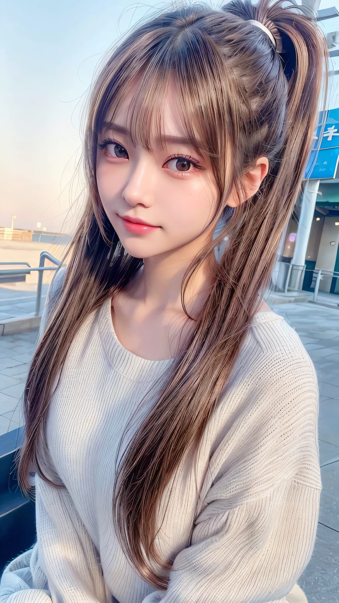 blush,14 years old,small breasts,winter,long hair ponytail,winter,wearing a white long-sleeved knit sweater,wearing jeans,enjoying the date,Japanese amusement park,close up of face,((8K, Raw photo, best quality, muste piece:1.2), (Reality, photorealistic:1.4), (Highly detailed 8K wallpaper), Depth of bounds written, cinematic lighting, soft light, detailed beauty eye,Shiny and smooth light brown ponytail, asymmetrical bangs, shiny skin, super detailed skin ,high resolution, high detail, detailed hairstyle, detailed beauty face, hyper real, perfect limbs, perfect ??????? ,1 Japanese girl,famous japanese idol, perfect female body,shy smile,short eyelashes,double-edged eyelids,look straight here,Hair style is ponytail,