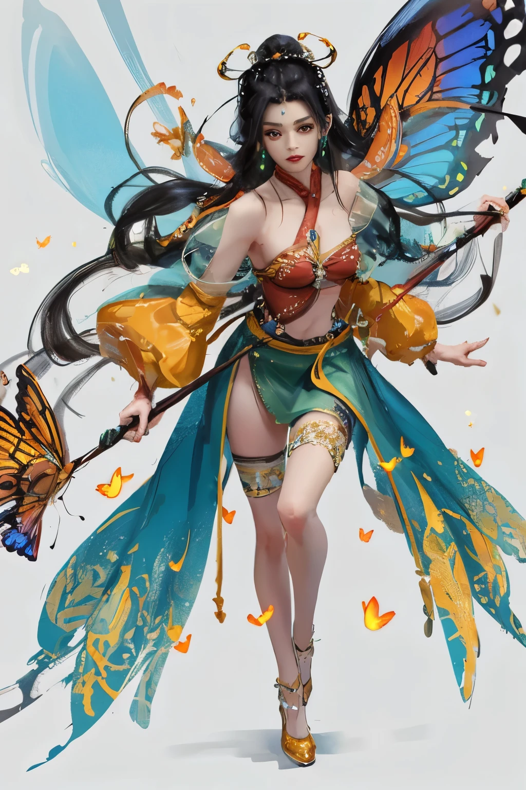 Close-up of a woman wearing a butterfly skirt, beautiful fantasy queen, ((beautiful fantasy queen)), full body xianxia, xianxia fantasy, Ethereal animation,