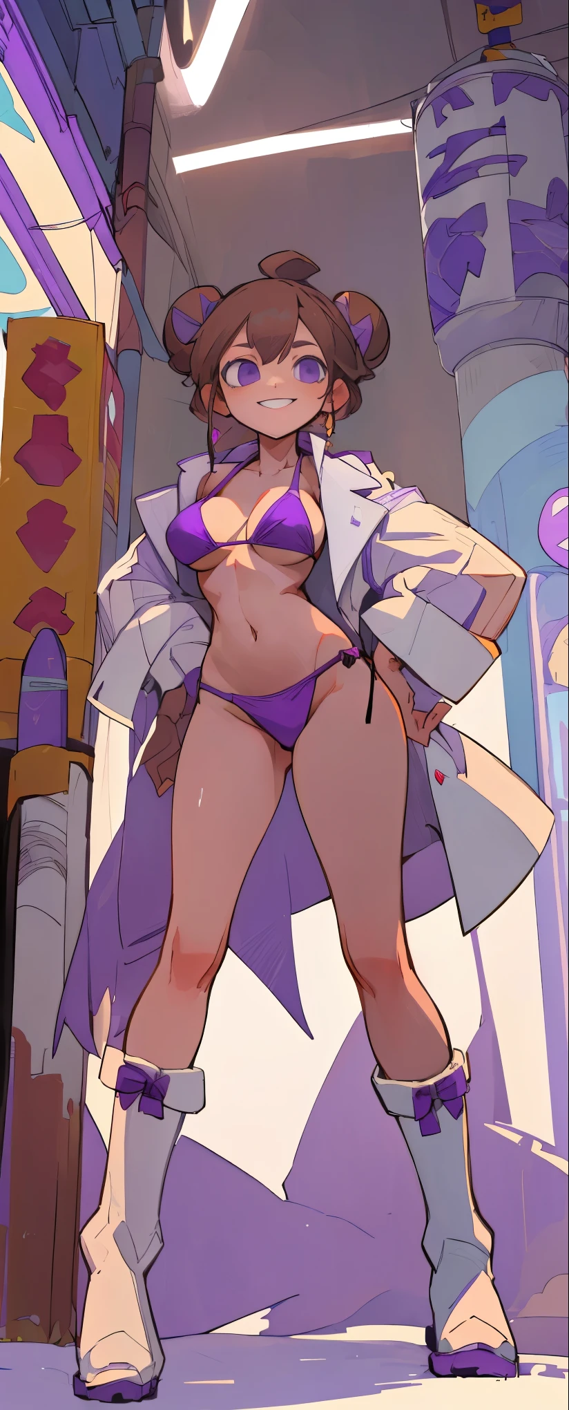 Masterpiece, 4k, details, extreme details, high resolution, 1 woman, His short, light brown hair was tied into two buns.. , purple eyes , sly face , smile , Purple bikini , white cloth coat , abdomen, big breasts , Long legs , stand on your hips... , white boots , convenience store