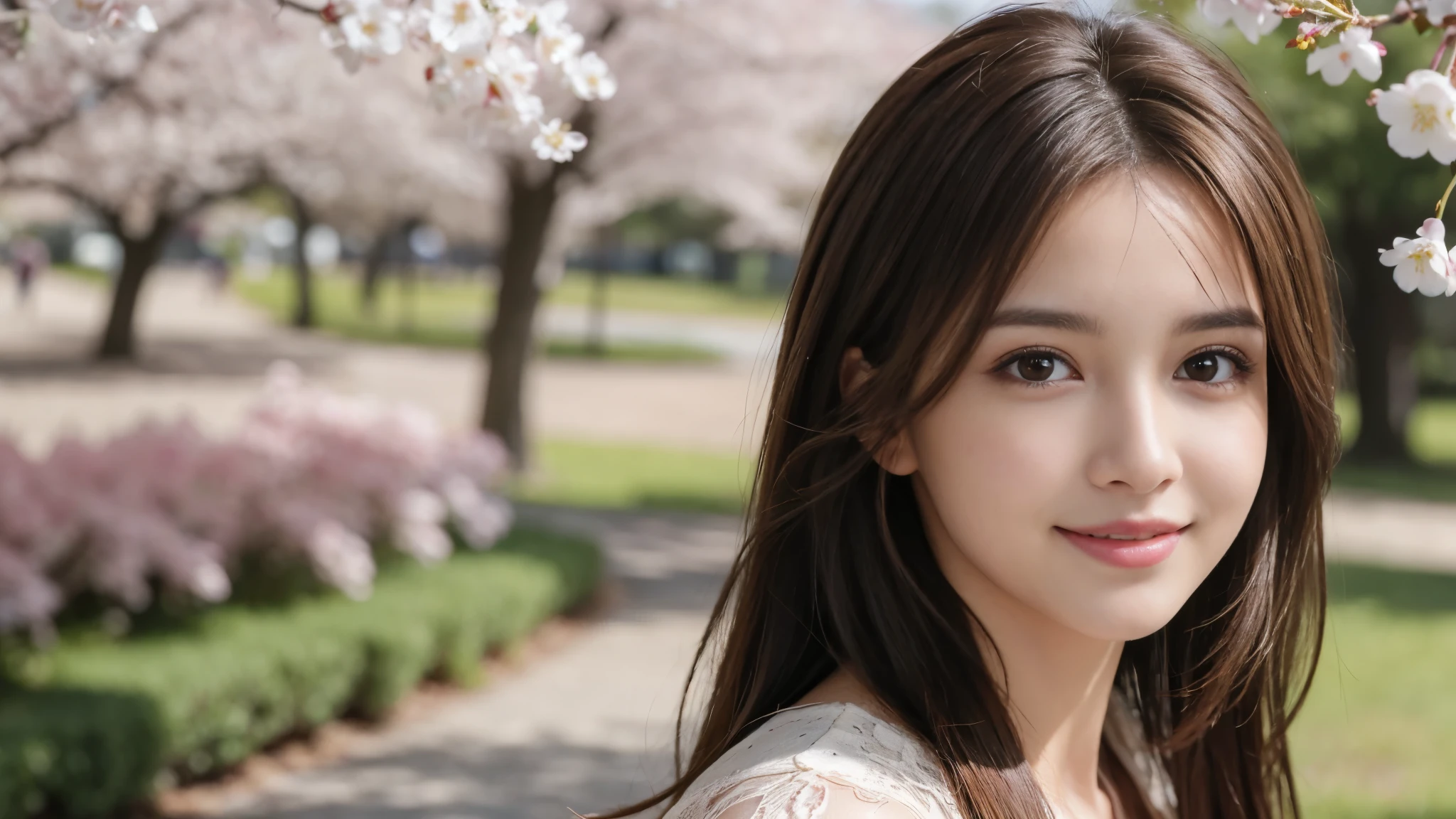 masterpiece, Best Quality, Photorealistic, Ultra-detailed, finely detailed, High resolution, 8K Wallpaper, 1 beautiful woman, light brown hair, foco nítido, Perfect dynamic composition, Beautiful detailed eyes, detailed hairs, Detailed realistic skin texture, Smiling, portrait, Model body type, Take a walk in the park with cherry blossoms,