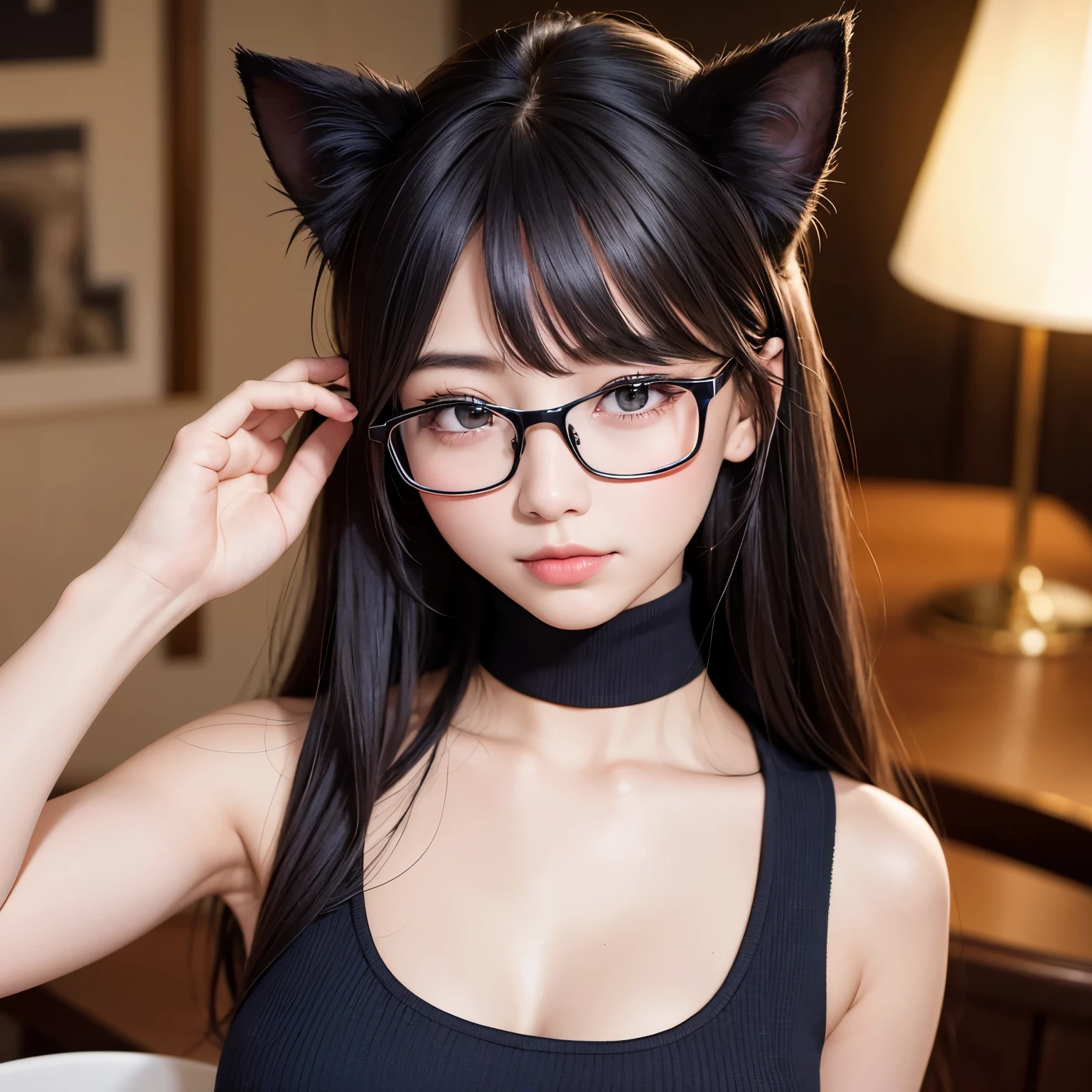 Cat's ears,年轻,girl with,short-hair,fullnude,Smaller chest,small tits,eye glass,open one's legs