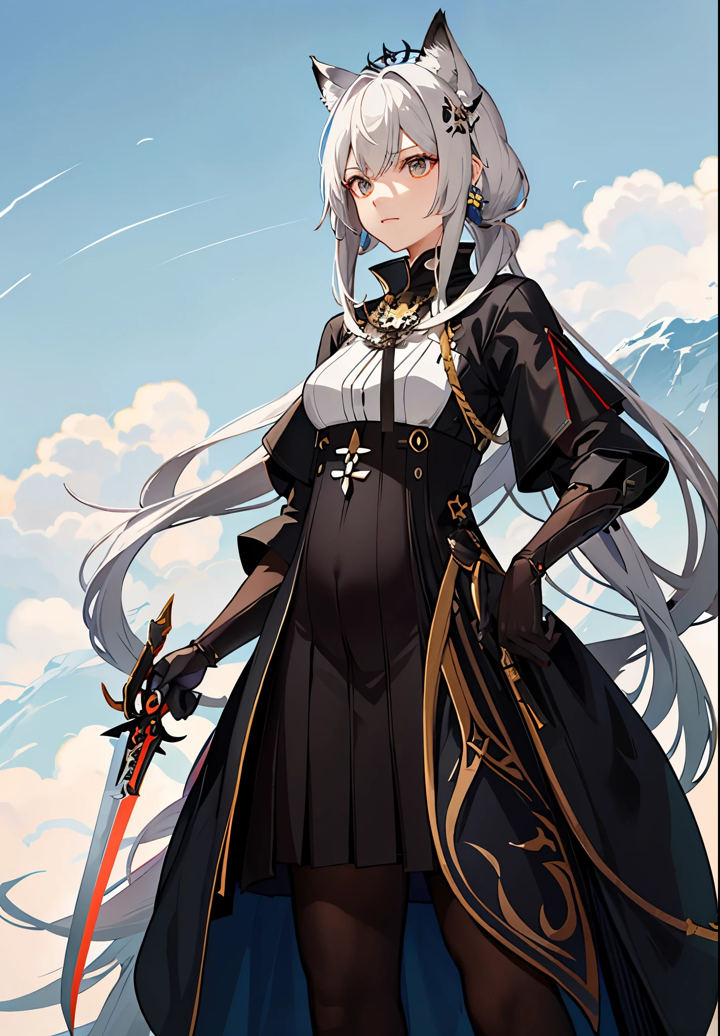 a woman in a dress holding a dagger and a dagger, video game character, from arknights, fox nobushi holding a dagger, hajime yatate, keqing from genshin impact, random haired deity, with small sword, ayaka genshin impact, female action anime girl, official character art, anime character, pregnant anime girl, fetus, random hair color