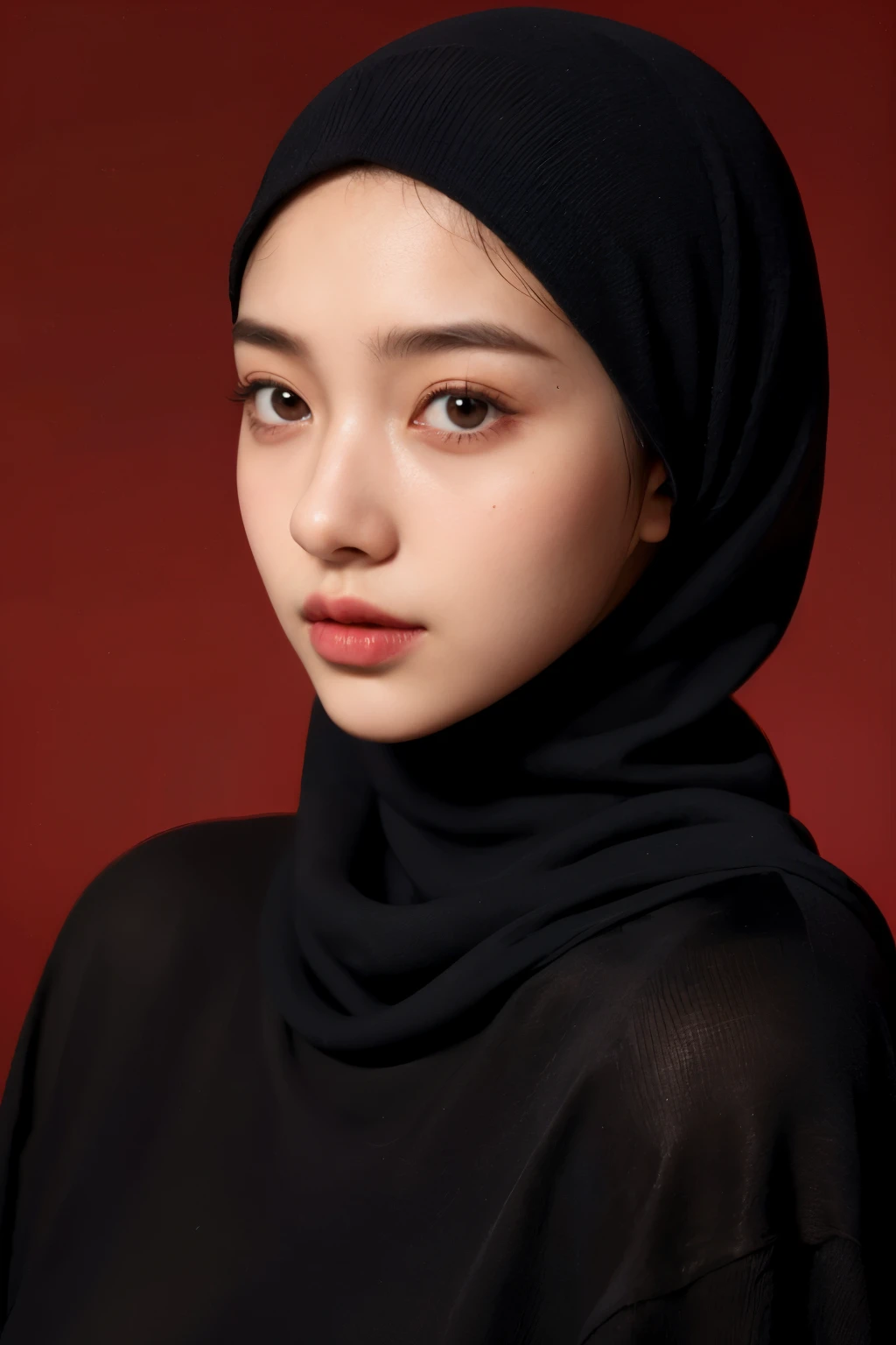 a 20 yo woman,hijab, sweater, dark theme, soothing tones, muted colors, high contrast, (natural skin texture, hyperrealism, soft light, sharp),red background,simple background,