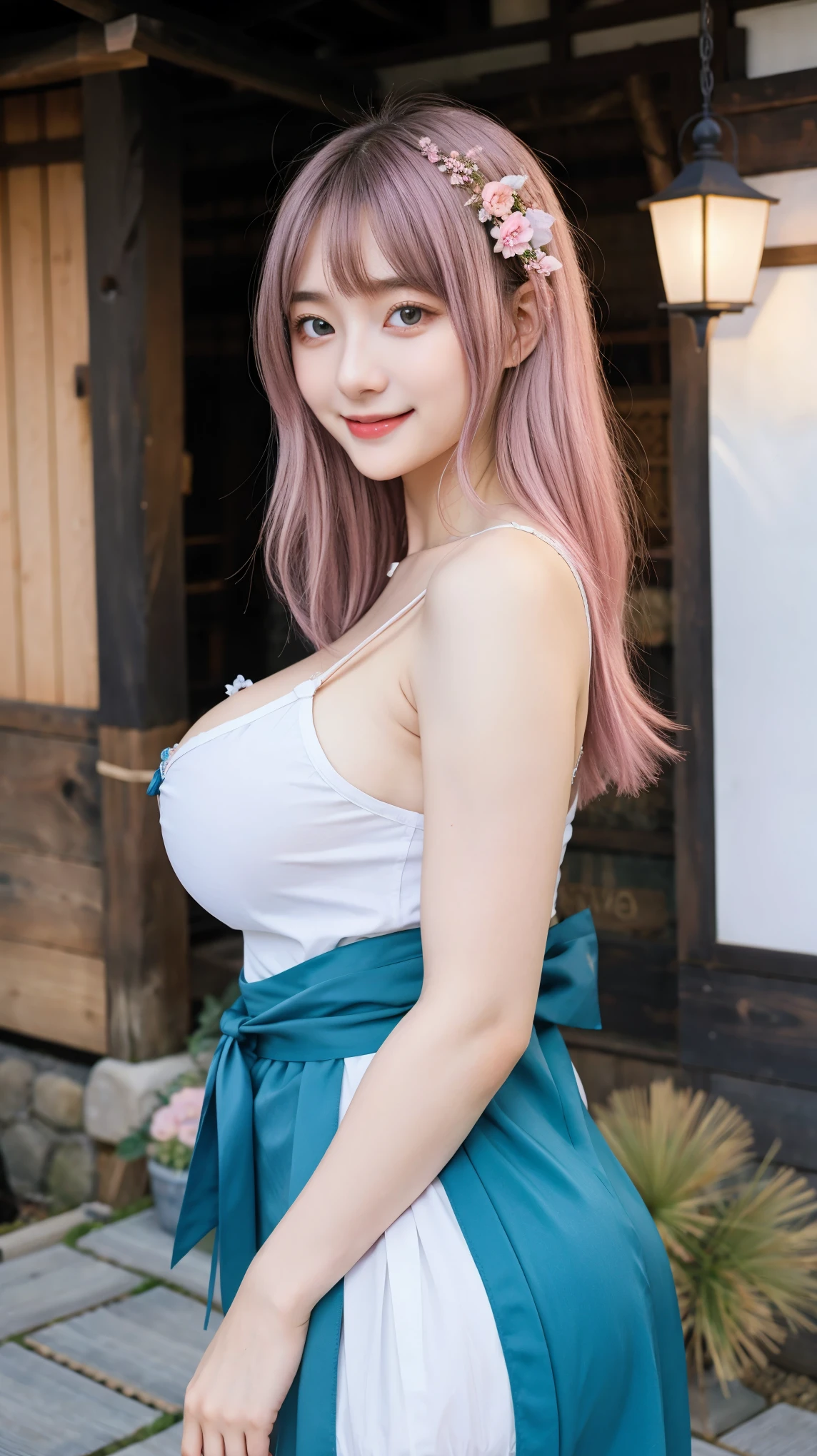 Gorgeus Girl, Beautiful, Baby Face, 20 Years Old, White Skin, Colossal Breasts, Side Pose, Sexy Look, Sleeveless, Cleavage, Sexy Kimono Costumes, Pastel Colour, Blue Eye, Muscles, Bokeh, Japanese Village Place Background, Masterpiece, Fullbody Shot, Straight Pink Hair, Smiling