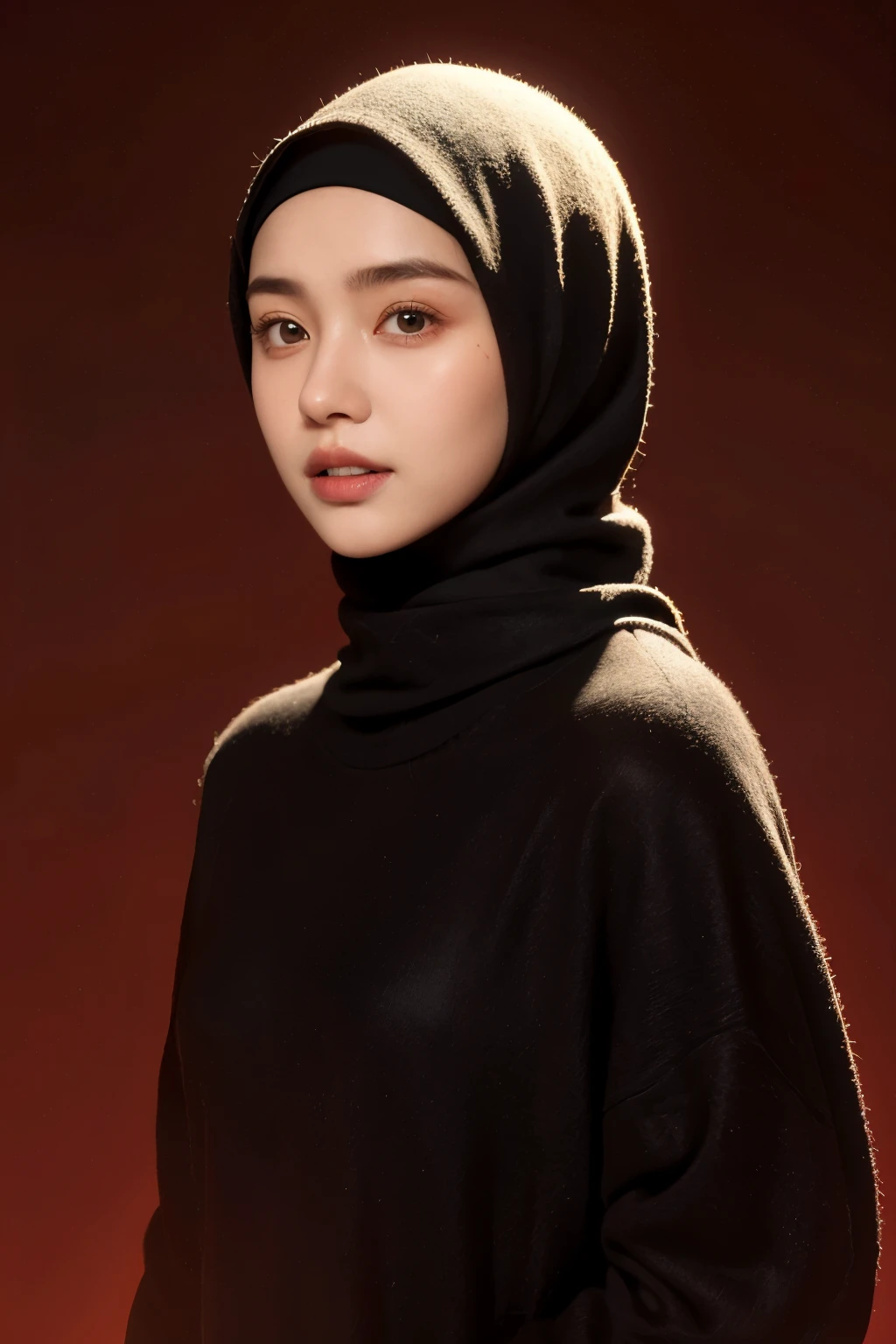 a 20 yo woman,hijab, sweater, dark theme, soothing tones, muted colors, high contrast, (natural skin texture, hyperrealism, soft light, sharp),red background,simple background,