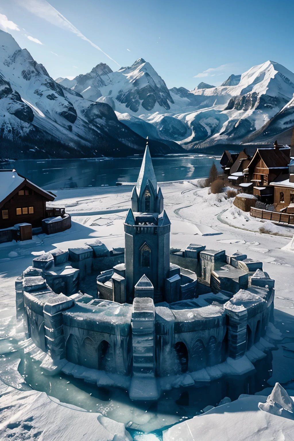 I want you to create an image of an ice base which is a Kingdom surrounded by ice and mountains all around, has beautiful places and buildings made out of ice.
