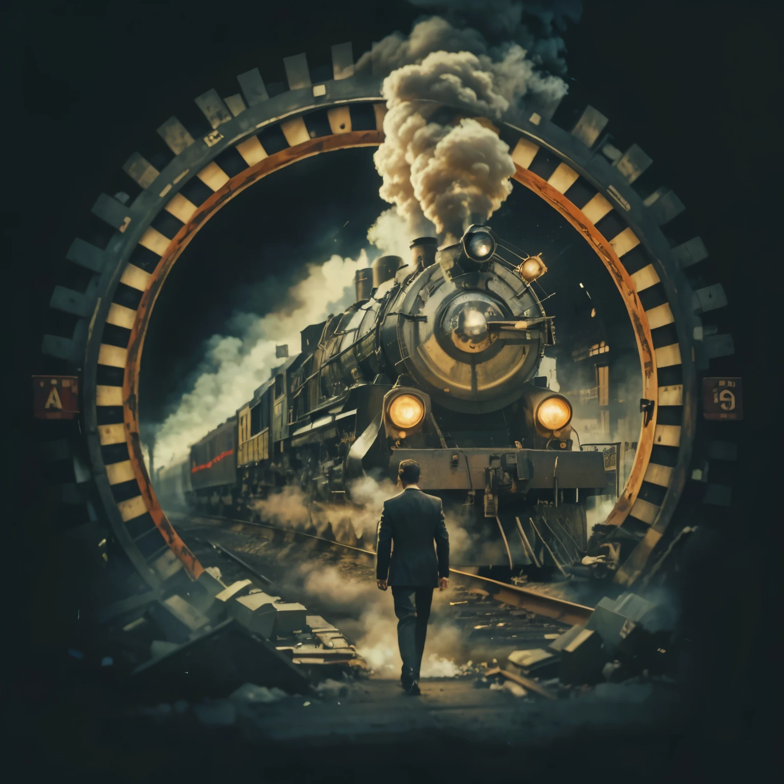 realistic image, a male rich man in suit and tie and walks next to a train, front view, from which smoke is coming out, male face focus, dieselpunk, poster art, realistic art, city of New york, now a days, lifelike realist