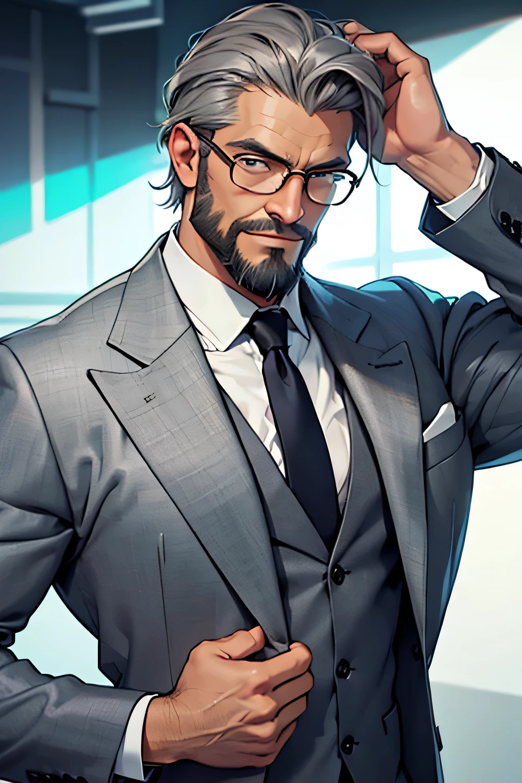imagem sem fundo, homem de 40 anos, cabelos grisalhos, gray jacket and tie, clean beard with few wrinkles and glasses.