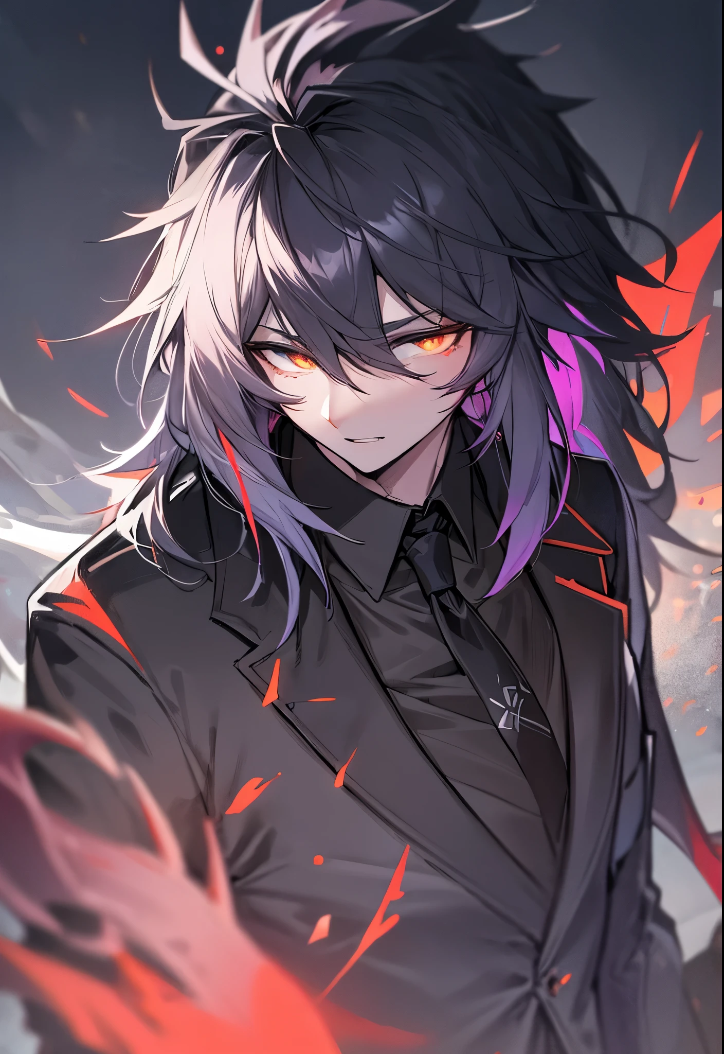 hairy, black fur, night, glowing hair, black suit, red tie