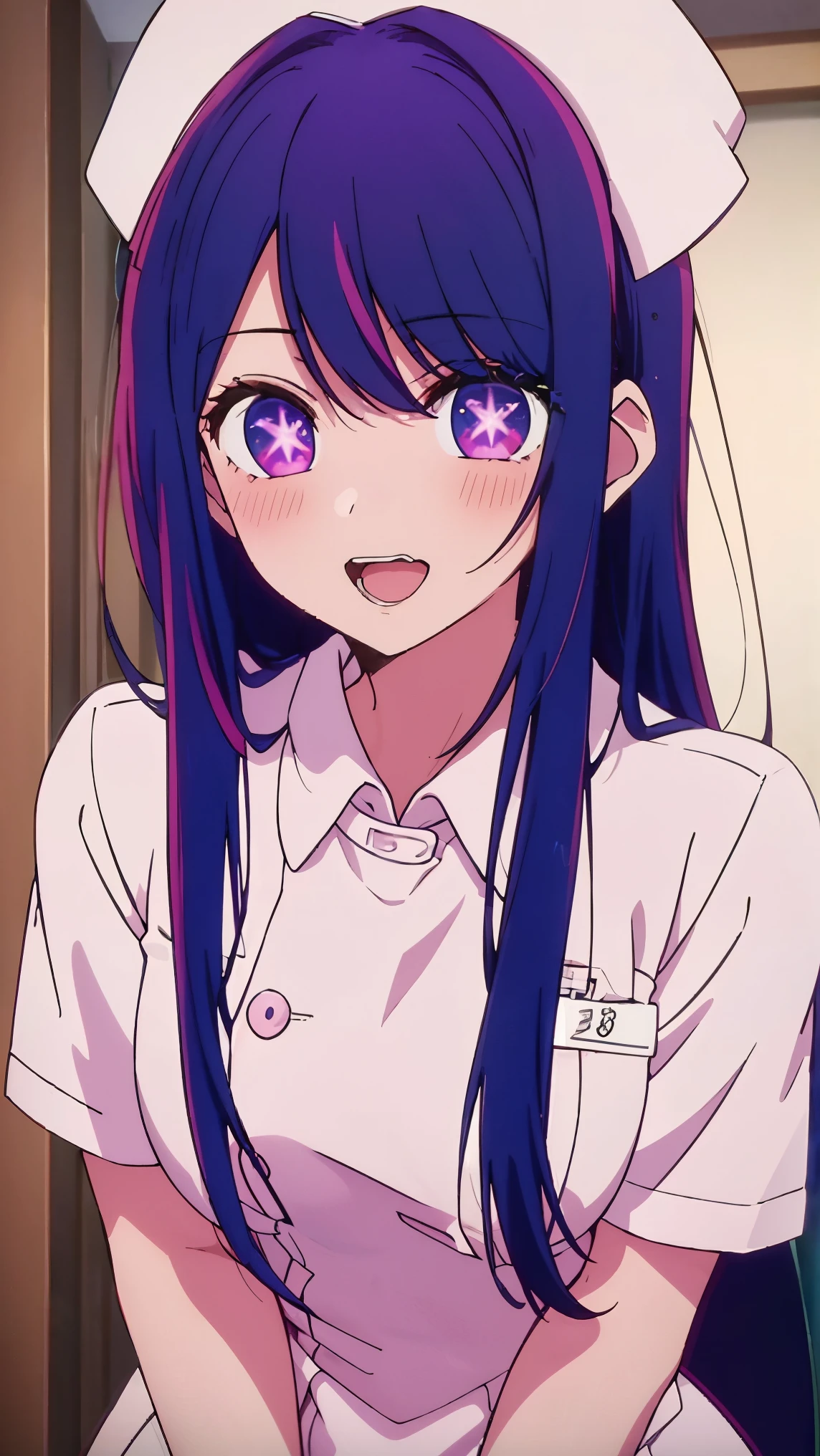 Masterpiece, top quality, masterpiece, 8K quality, high quality, long purple hair, purple eyes, anime girl,,,,,, (anime girl), (((park))), laughing, open mouth, Ai Hoshino, (((nurse))), nurse cosplay, white nurse outfit, hat, , sexy, full body, thighs, shy, stars in eyes，