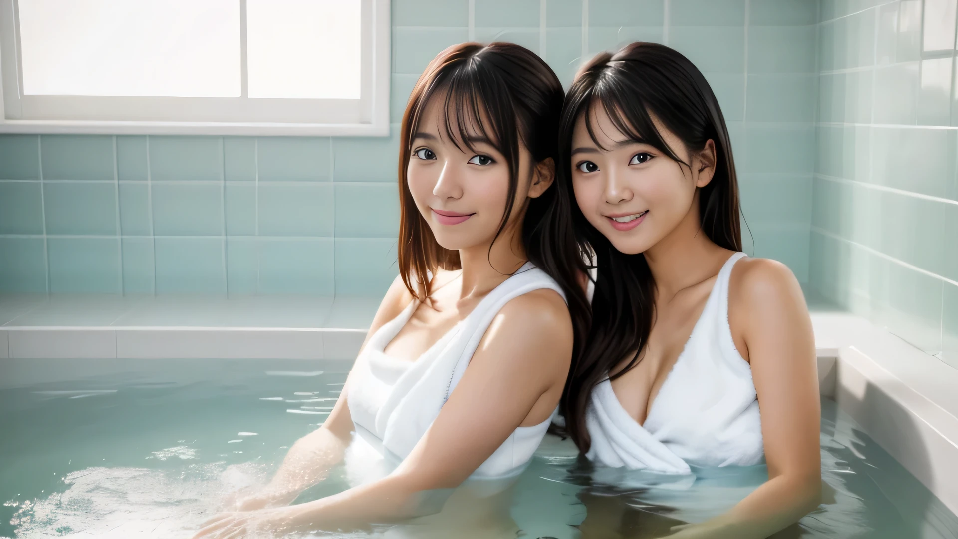 (8k、RAW photo、highest quality、masterpiece、ultra high resolution:1.5), (bathing in a hot spring:1.8), (Photoreal:1.4), (Completely naked:1.8), (back view of woman:1.7), (1 person:1.7), (real face:1.5), (real body:1.5), (body faces the camera:1.7), (face facing the camera above:1.7), (Eyes facing the camera above:1.7), (hair color is light brown:1.3), (cleavage:1.8), natural eyes, beautiful eyes, (teenage girl), 1 personの女の子, (brunet:1.3), detailed face, detailed eyes, (eyes are brown:1.2), Drooping eyes, (Bust size Gcup:1.5), shiny skin, (slender body:1.5), (wavy hair：1.3), brown hair, (smile:1.4), she poses naturally, (natural lighting:1.2), (lighting on face:1.2), (photo quality:1.2), (beautiful body line:1.2), (Mastering the beauty of skin texture:1.2), (ultimate beauty), sharp focus