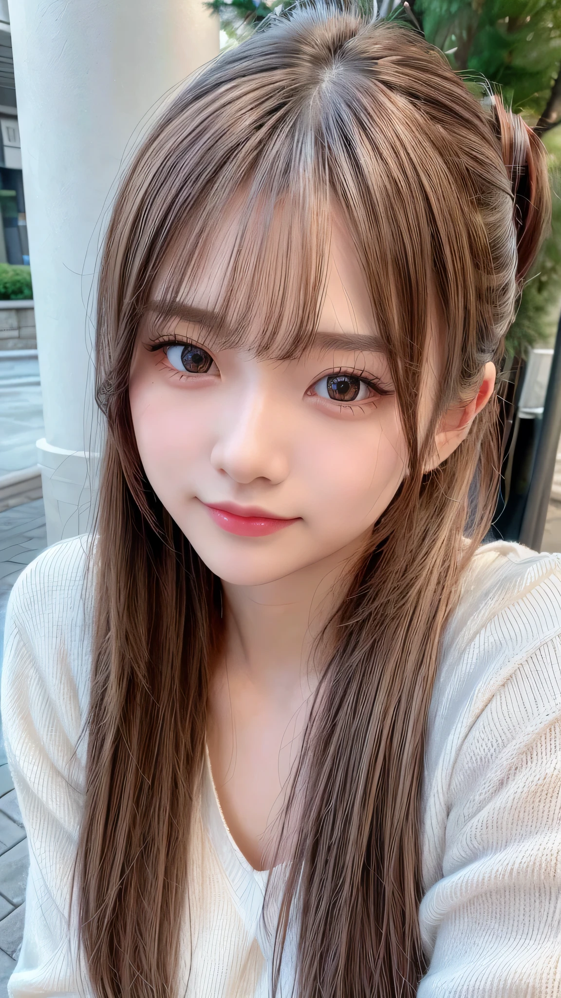 blush,14 years old,small breasts,winter,long hair ponytail,winter,wearing a white long-sleeved knit sweater,wearing jeans,enjoying the date,Japanese amusement park,close up of face,((8K, Raw photo, best quality, muste piece:1.2), (Reality, photorealistic:1.4), (Highly detailed 8K wallpaper), Depth of bounds written, cinematic lighting, soft light, detailed beauty eye,Shiny and smooth light brown ponytail, asymmetrical bangs, shiny skin, super detailed skin ,high resolution, high detail, detailed hairstyle, detailed beauty face, hyper real, perfect limbs, perfect anatomy ,1 Japanese girl,famous japanese idol, perfect female body,shy smile,short eyelashes,double-edged eyelids,look straight here,Hair style is ponytail,