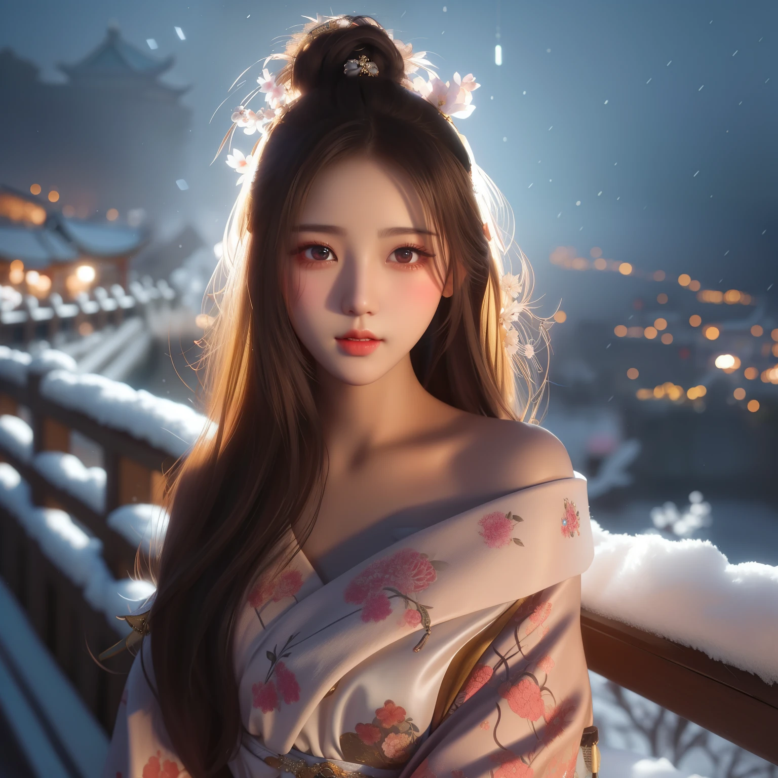 Close-up of a woman wearing a flower headband, korean girl, Beautiful digital artwork, Chinese girl, beautiful south korean woman, guweiz style artwork, beautiful asian girl, Popular topics on cgstation, korean woman, 8k artistic german bokeh, palace , A girl wearing Hanfu, asian girl, guweiz, snow light