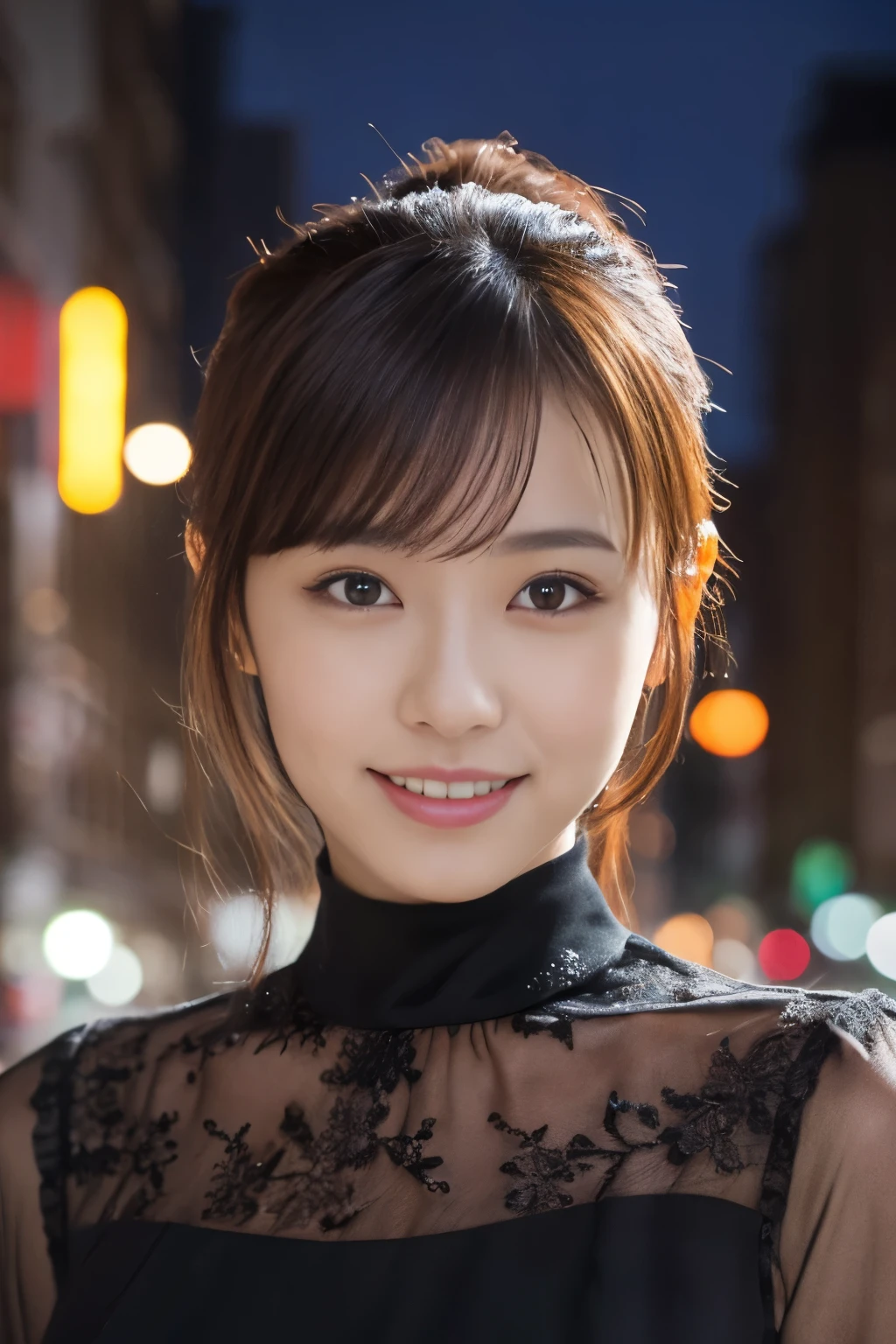 1 girl, (Wearing a black blouse:1.2), beautiful japanese actress, (ponytail:1.3),
(RAW photo, highest quality), (realistic, Photoreal:1.4), masterpiece, 
very delicate and beautiful, very detailed, 2k wallpaper, wonderful, 
finely, very detailed CG Unity 8K 壁紙, Super detailed, High resolution, 
soft light, beautiful detailed girl, very detailed目と顔, beautifully detailed nose, beautiful and detailed eyes, cinematic lighting, 
break
(Against the backdrop of a snowy night cityscape 1.3), city lights, 
perfect anatomy, slender body, smile, Face the front completely, look at the camera