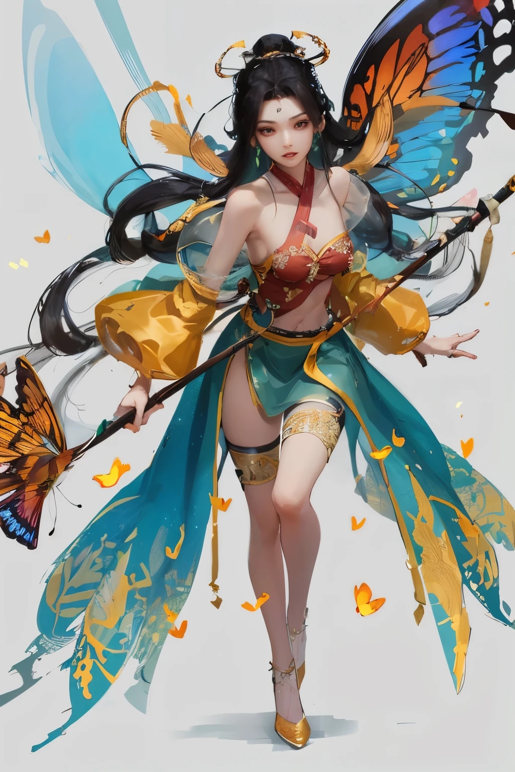 Close-up of a woman wearing a butterfly skirt, beautiful fantasy queen, ((beautiful fantasy queen)), full body xianxia, xianxia fantasy, Ethereal animation,