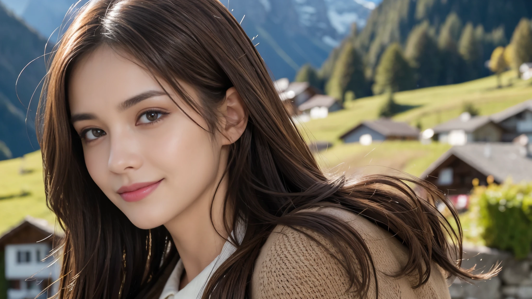 masterpiece, Best Quality, Photorealistic, Ultra-detailed, finely detailed, High resolution, 8K Wallpaper, 1 beautiful woman, light brown hair, foco nítido, Perfect dynamic composition, Beautiful detailed eyes, detailed hairs, Detailed realistic skin texture, Smiling, portrait, Model body type, The background is the village of Grindelwald, Switzerland,