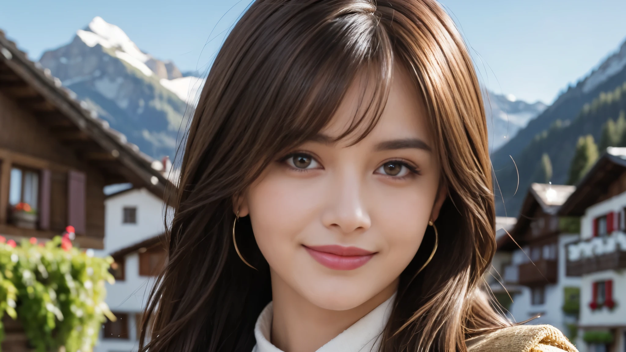 masterpiece, Best Quality, Photorealistic, Ultra-detailed, finely detailed, High resolution, 8K Wallpaper, 1 beautiful woman, light brown hair, foco nítido, Perfect dynamic composition, Beautiful detailed eyes, detailed hairs, Detailed realistic skin texture, Smiling, portrait, Model body type, The background is the village of Grindelwald, Switzerland,
