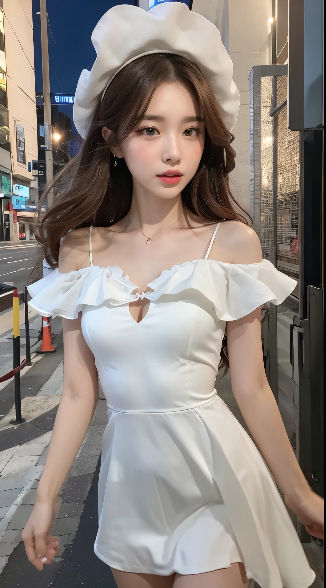 ((Realistic lighting, best quality, 8k, masterpiece: 1.3)), focus: 1.2, 1 girl, Perfect body: 1.4, slim abs: 1.1, ((dark brown hair)), (white dress: 1.4), (outdoor, night: 1.1), city street, The face is super delicate, beautiful eyes, double eyelids,