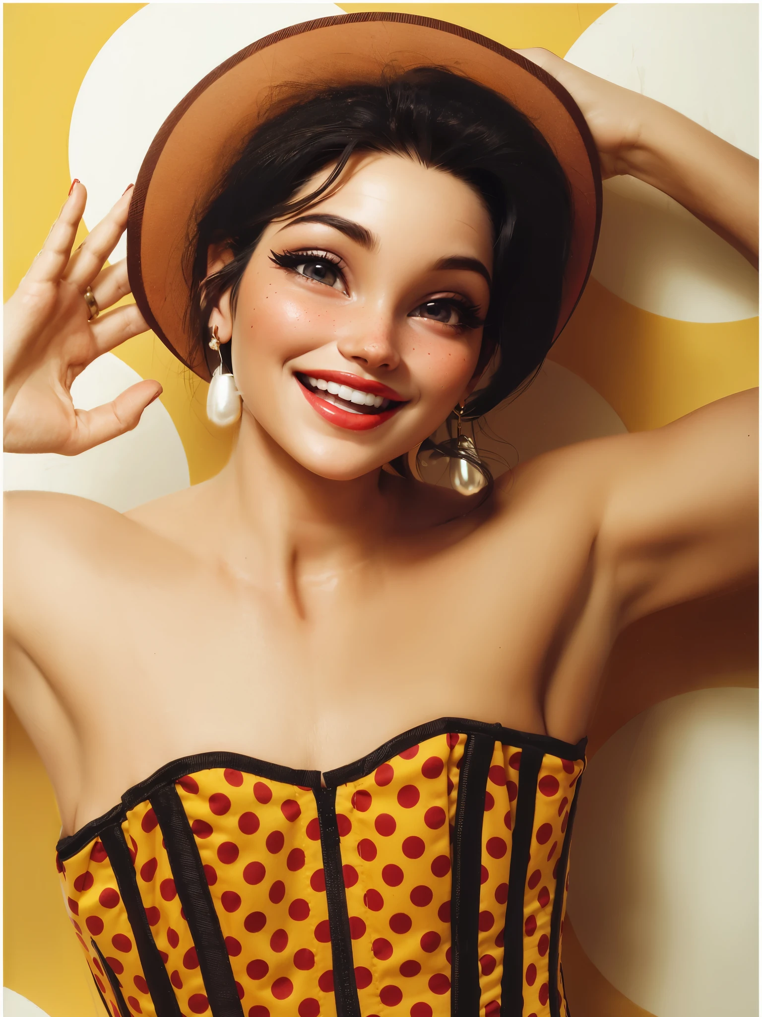 there is a woman wearing a hat and a polka dot dress, big smile, happy fashion model face, smiling fashion model, cheeky smile with red lips, smiling fashion model face, retro pinup model, pin-up, pin - up, modeling photography, with a beautifull smile, pin up, beautiful and smiling, happy fashion model, with a seductive smile, charming smile, stuning, (highly detailed face:1.4) (smile:0.7) (background inside dark, moody, private study:1.3) POV, by lee jeffries, nikon d850, film stock photograph ,4 kodak portra 400 ,camera f1.6 lens ,rich colors ,hyper realistic ,lifelike texture, dramatic lighting , cinestill 800