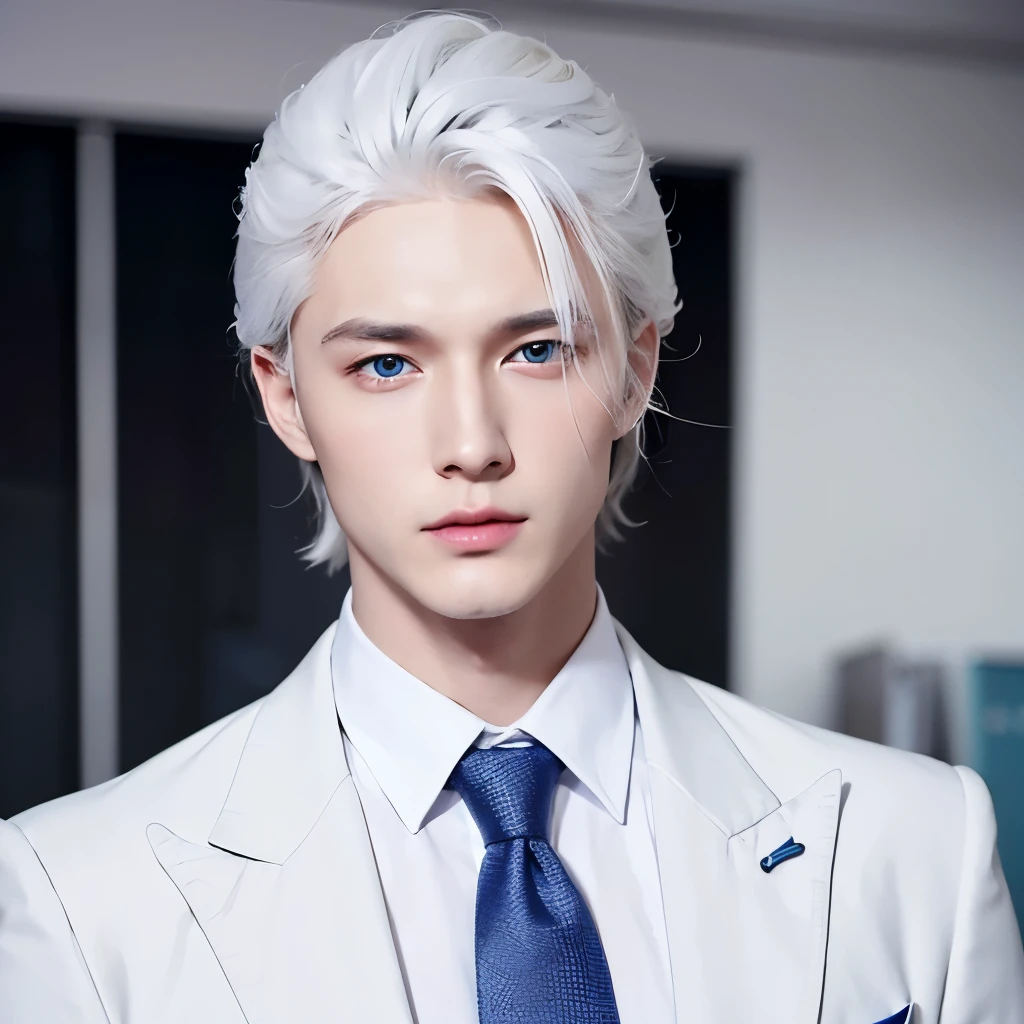 Boy, white hair, blue eyes, white skin, serious features, formal style, young, tall, office
