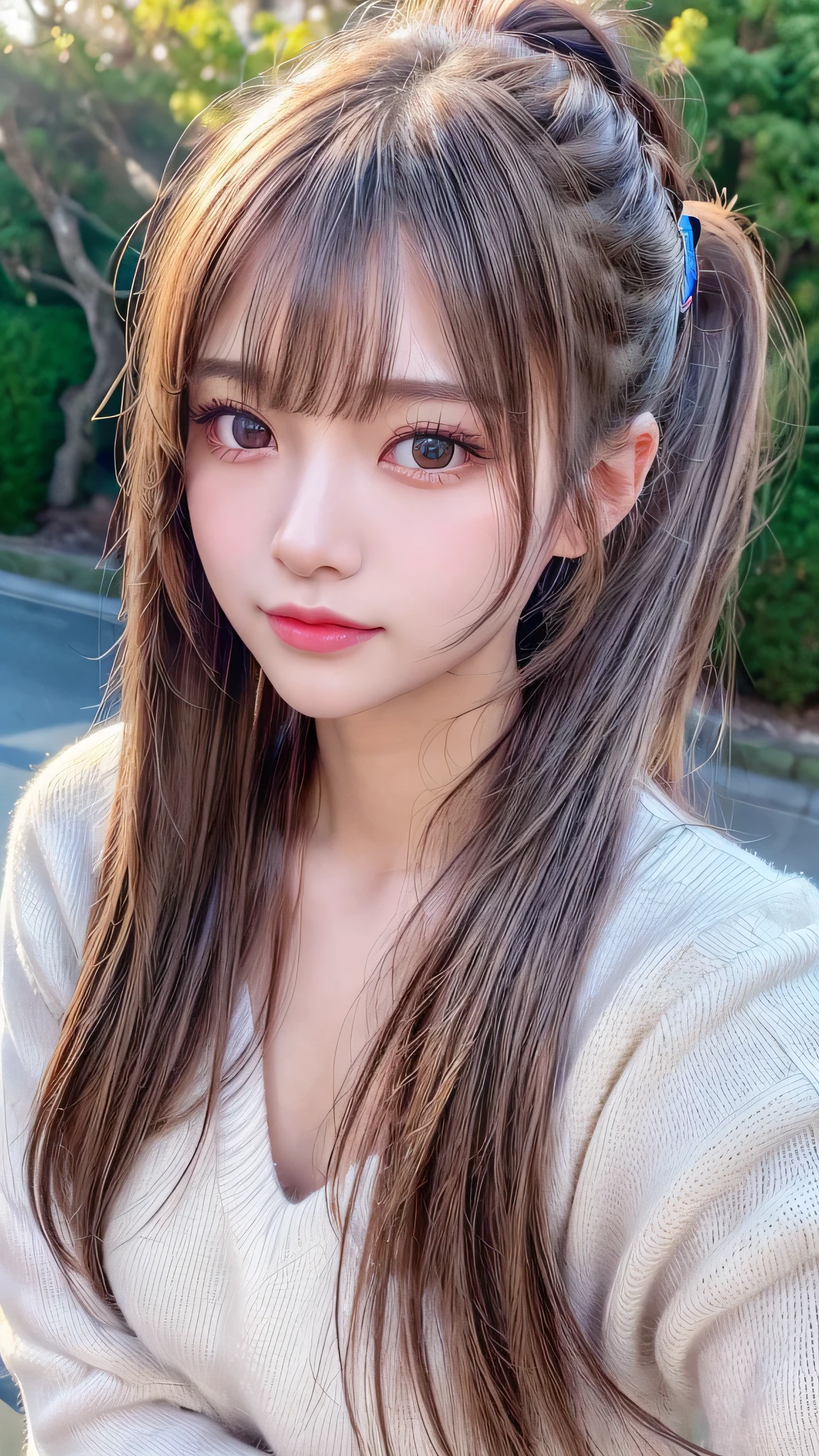blush,14 years old,small breasts,winter,long hair ponytail,winter,wearing a white long-sleeved knit sweater,wearing jeans,enjoying the date,Japanese amusement park,close up of face,((8K, Raw photo, best quality, muste piece:1.2), (Reality, photorealistic:1.4), (Highly detailed 8K wallpaper), Depth of bounds written, cinematic lighting, soft light, detailed beauty eye,Shiny and smooth light brown ponytail, asymmetrical bangs, shiny skin, super detailed skin ,high resolution, high detail, detailed hairstyle, detailed beauty face, hyper real, perfect limbs, perfect anatomy ,1 Japanese girl,famous japanese idol, perfect female body,shy smile,short eyelashes,double-edged eyelids,look straight here,Hair style is ponytail,