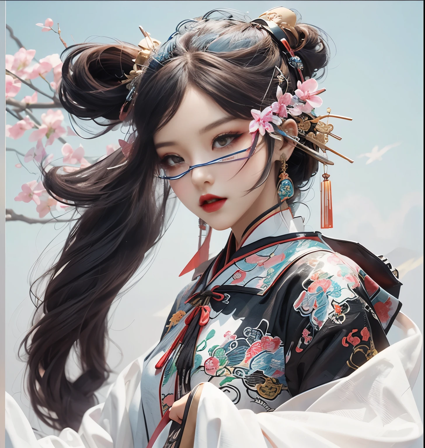 (masterpiece :1.5), (best picture quality :1.5), (Very Fine Detail, 8k, wallpaper :1.3), Very Fine Detail, high contrast, intricate details, Physically based rendering, Best Essay, whole body, Cyberpunk character style, dynamic shape, 1 girl, Delicate brown eyes, eye shadow, cosmetic, 黑色long hair, Delicate big eyes, looking at the audience, blush, Plump little lips, red lips, long hair :1.3, Upper body, (permanent), (hair accessories :1.1), headgear, Chinese style cheongsam, Cyberstyle cheongsam, Blue and pink cheongsam, (Cyberpunk Light :1.1), neon, All mechanical and futuristic elements, technology, 背景是传统的中国street, china city, china city市, china city市, china city市, china city市, china city市. street, paper lanterns, neon, ultra high resolution, (Slim:1.2), dramatic lighting, Vibrant details, luxuriouscyberpunk, complex background, octane rendering, 8k, best quality, masterpiece, illustration, extremely delicate and beautiful, Very detailed, CG, wallpaper, (actual, actual :1.37), Astonishing, fine details, masterpiece, best quality, official art, (night :1.5) cowboy shooting