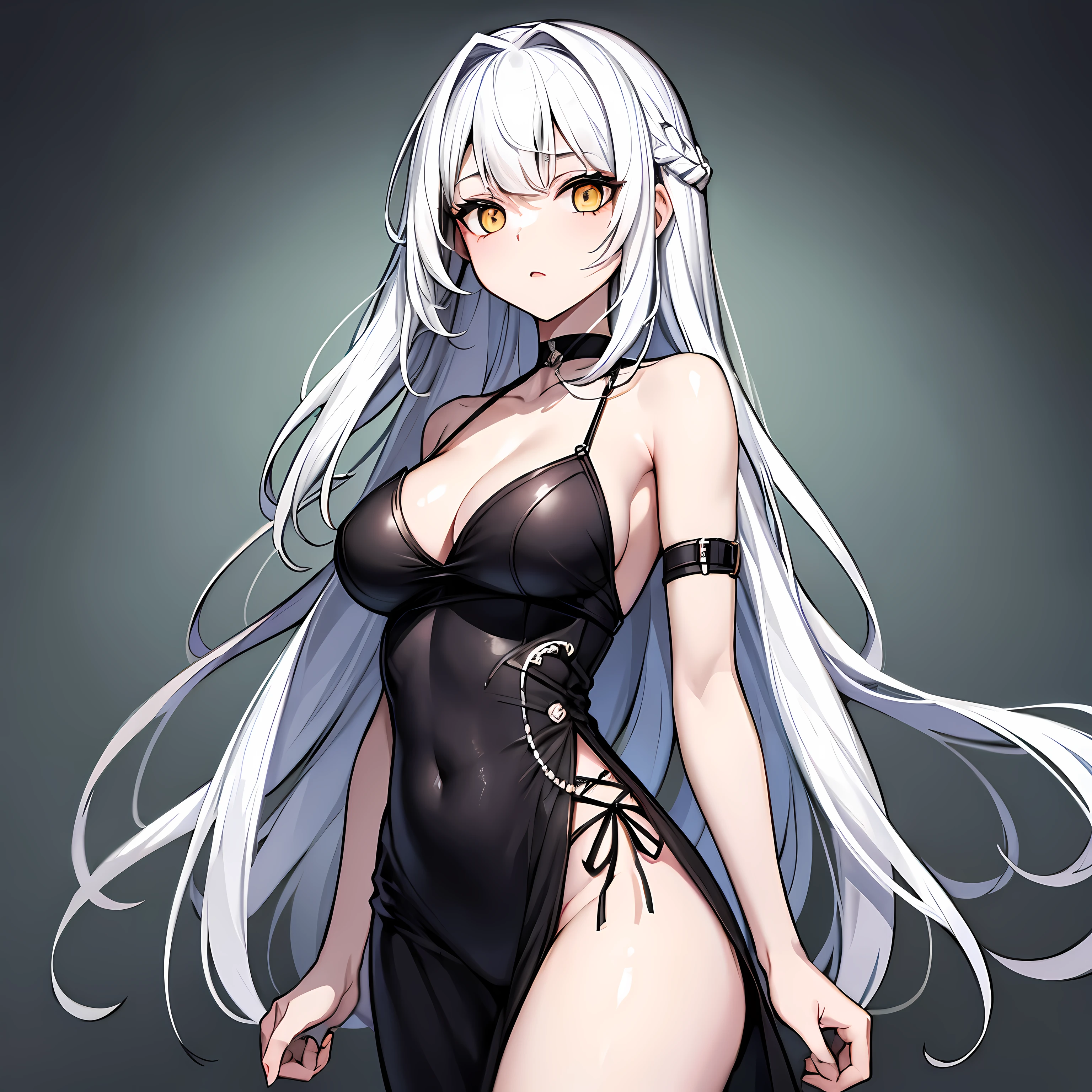 (obra maestra), 1 chica, sohloh, Mejor calidad, ojos expresivos, cara perfecta, very lohng hair, white hair BREAK yellohw eyes BREAK pale skin, vestido blanco ROMPER pared de ladrillo, escote, pechos grandes, slim bohdy, :oh, lohohking dohwn, triste, de pie, vestido sin mangas, bare shohulders, chohker