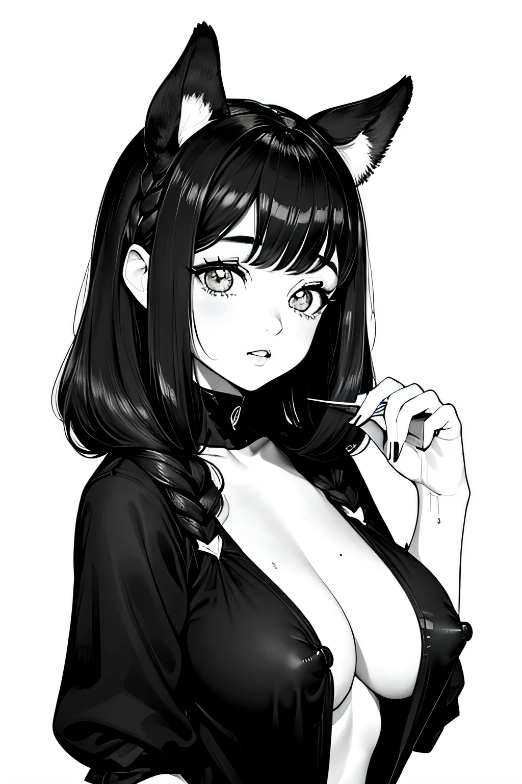 obra maestra, superlativo, Hermosa,joven con orejas de conejo, Femenino , (((NSFW))) Sexy , lenceria, (((cabello corto, negro))), fondo blanco, monochrome, Dibujo lineal, ((bosquejo)), asustadizo, ojos blancos ((( manos perfectas)))