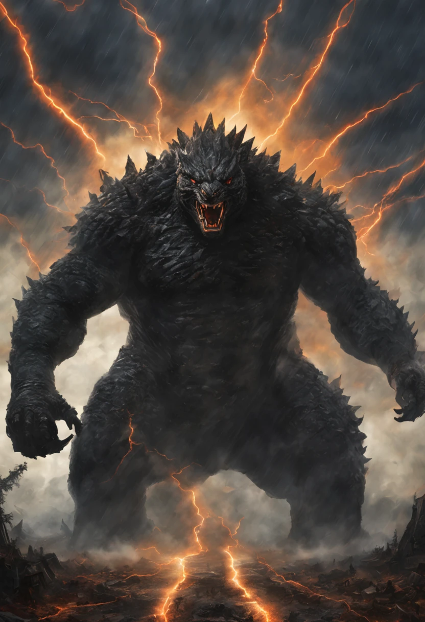 As the gate opens, a huge monster appears, Godzilla, There&#39;s lightning around me, from the front, Goesch is black