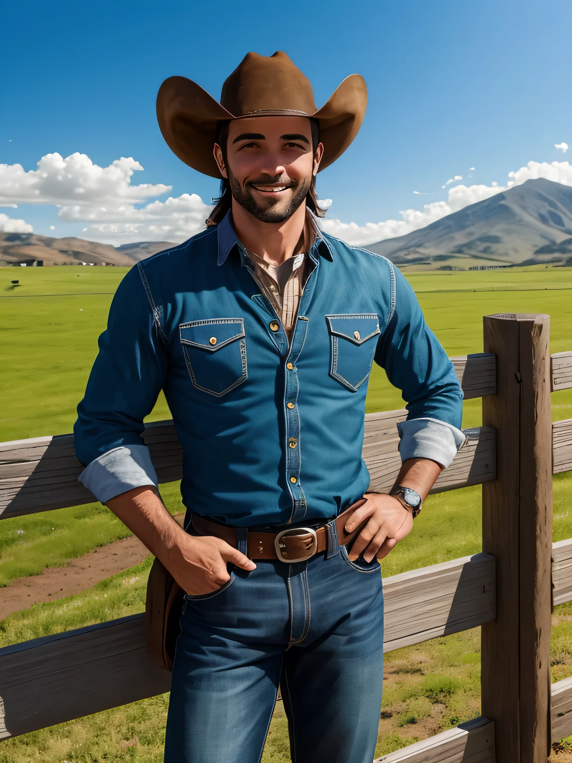 Title: "Vaqueiro Sorridente: Pasture illustration with herd" Description: Create a charming illustration of a 35-year-old cowboy in a country style, apresentando uma barba baixa. Ele veste uma camisa azul claro, um colete preto, jeans, botas de couro, e um cinto de couro robusto. The cowboy is smiling, making a gesture of approval with the thumb of his right hand A black horse, sealed and tied to the fence, completes the country scene. Make sure you capture the essence of the cowboy, o ambiente rural, and friendly interaction with the herd.
