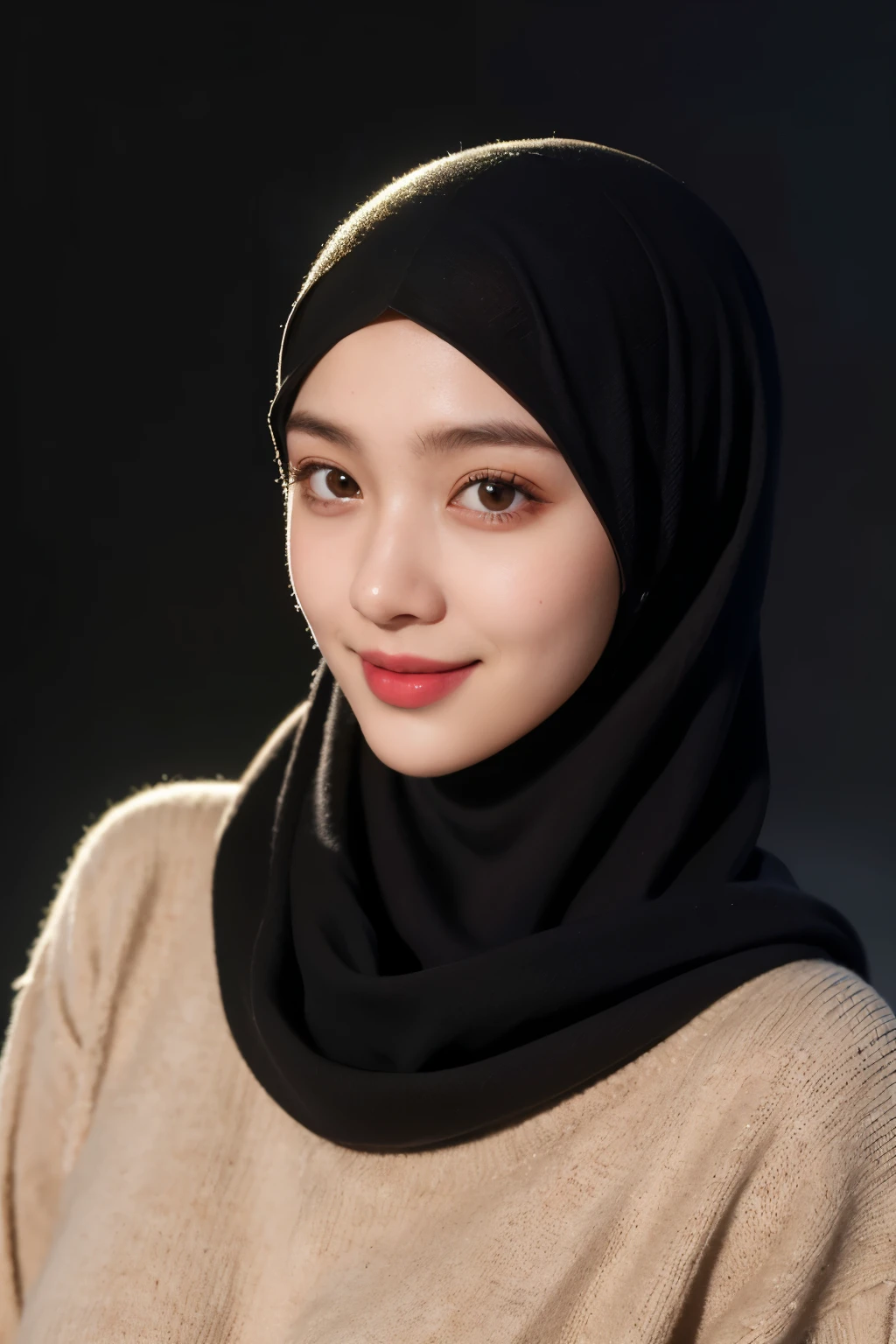 a 20 yo woman,hijab, sweater, dark theme, soothing tones, muted colors, high contrast, (natural skin texture, hyperrealism, soft light, sharp), simple background, smile, natural beauty