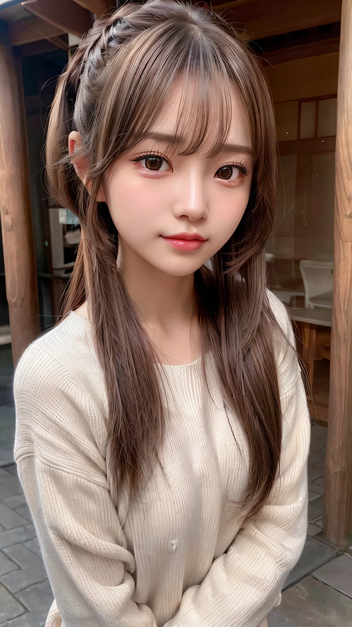 blush,14 years old,small breasts,winter,long hair ponytail,winter,wearing a white long-sleeved knit sweater,wearing jeans,enjoying the date,Japanese amusement park,close up of face,((8K, Raw photo, best quality, muste piece:1.2), (Reality, photorealistic:1.4), (Highly detailed 8K wallpaper), Depth of bounds written, cinematic lighting, soft light, detailed beauty eye,Shiny and smooth light brown ponytail, asymmetrical bangs, shiny skin, super detailed skin ,high resolution, high detail, detailed hairstyle, detailed beauty face, hyper real, perfect limbs, perfect anatomy ,1 Japanese girl,famous japanese idol, perfect female body,shy smile,short eyelashes,double-edged eyelids,look straight here,Hair style is ponytail,