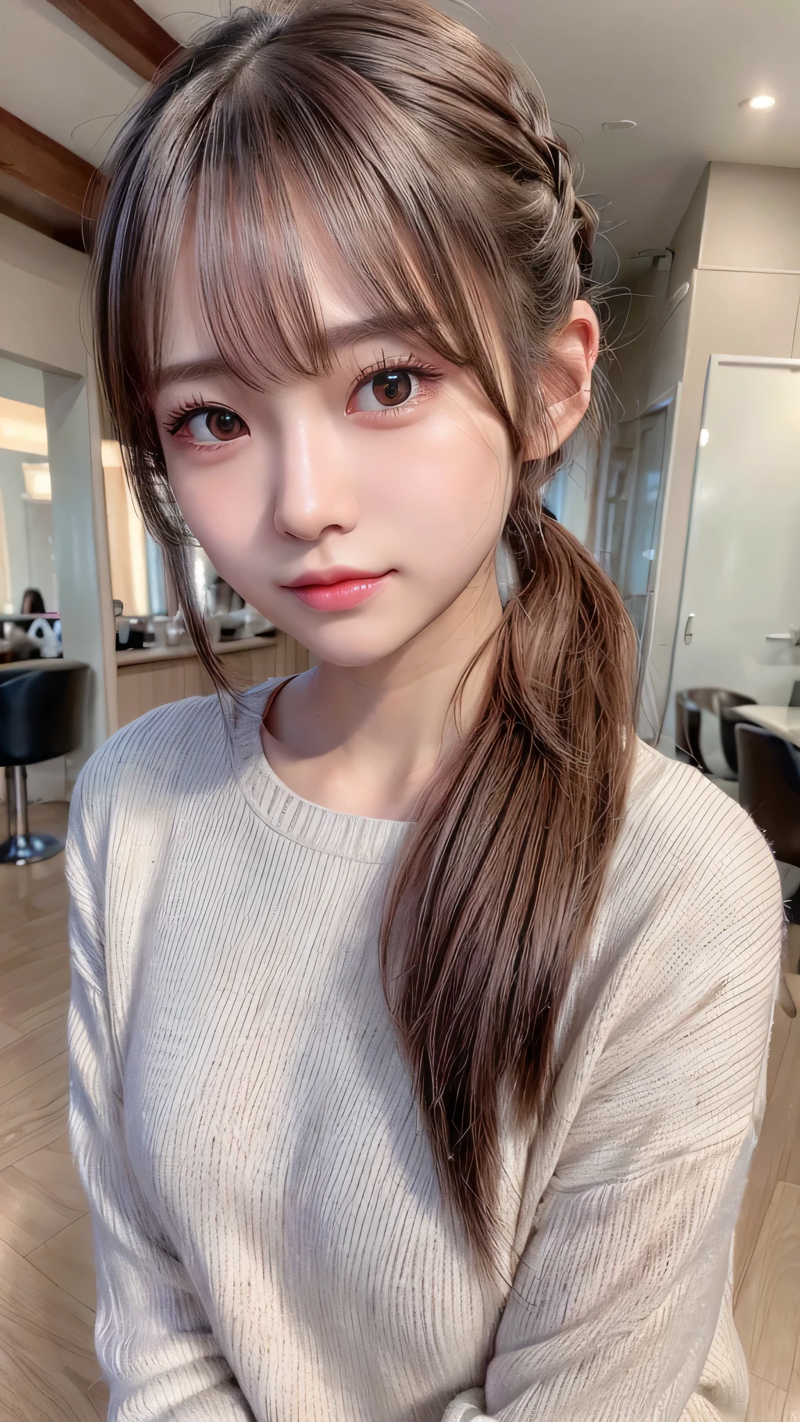 blush,14 years old,small breasts,winter,long hair ponytail,winter,wearing a white long-sleeved knit sweater,wearing jeans,enjoying the date,Japanese amusement park,close up of face,((8K, Raw photo, best quality, muste piece:1.2), (Reality, photorealistic:1.4), (Highly detailed 8K wallpaper), Depth of bounds written, cinematic lighting, soft light, detailed beauty eye,Shiny and smooth light brown ponytail, asymmetrical bangs, shiny skin, super detailed skin ,high resolution, high detail, detailed hairstyle, detailed beauty face, hyper real, perfect limbs, perfect anatomy ,1 Japanese girl,famous japanese idol, perfect female body,shy smile,short eyelashes,double-edged eyelids,look straight here,Hair style is ponytail,