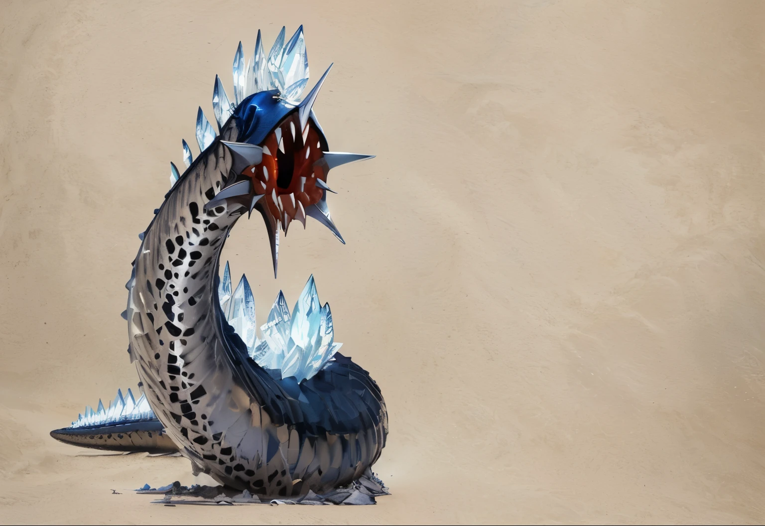 detailed and intricate digital airbrush art, 4k, hyperrealism, one giant slimy blue Dune snow-worm with intricate blue matt rough ridged spiky crystal dorsal fin and black spotted body and hundreds of huge gigantic sharp claw-like fangs living in the dungeon, PPL paper background, int the art style of Justin Gerard, Sunny Yun art style, Woo Kim art style, high quality, detailed 4k, photorealistic, dramatic lighting, Artstation, high quality, crisp detail, character design style, dramatic lighting, Beautiful lighting and cinematic composition, dramatic lighting by Zdeněk Burian and John Martin, Artstation Justin Gerard art,