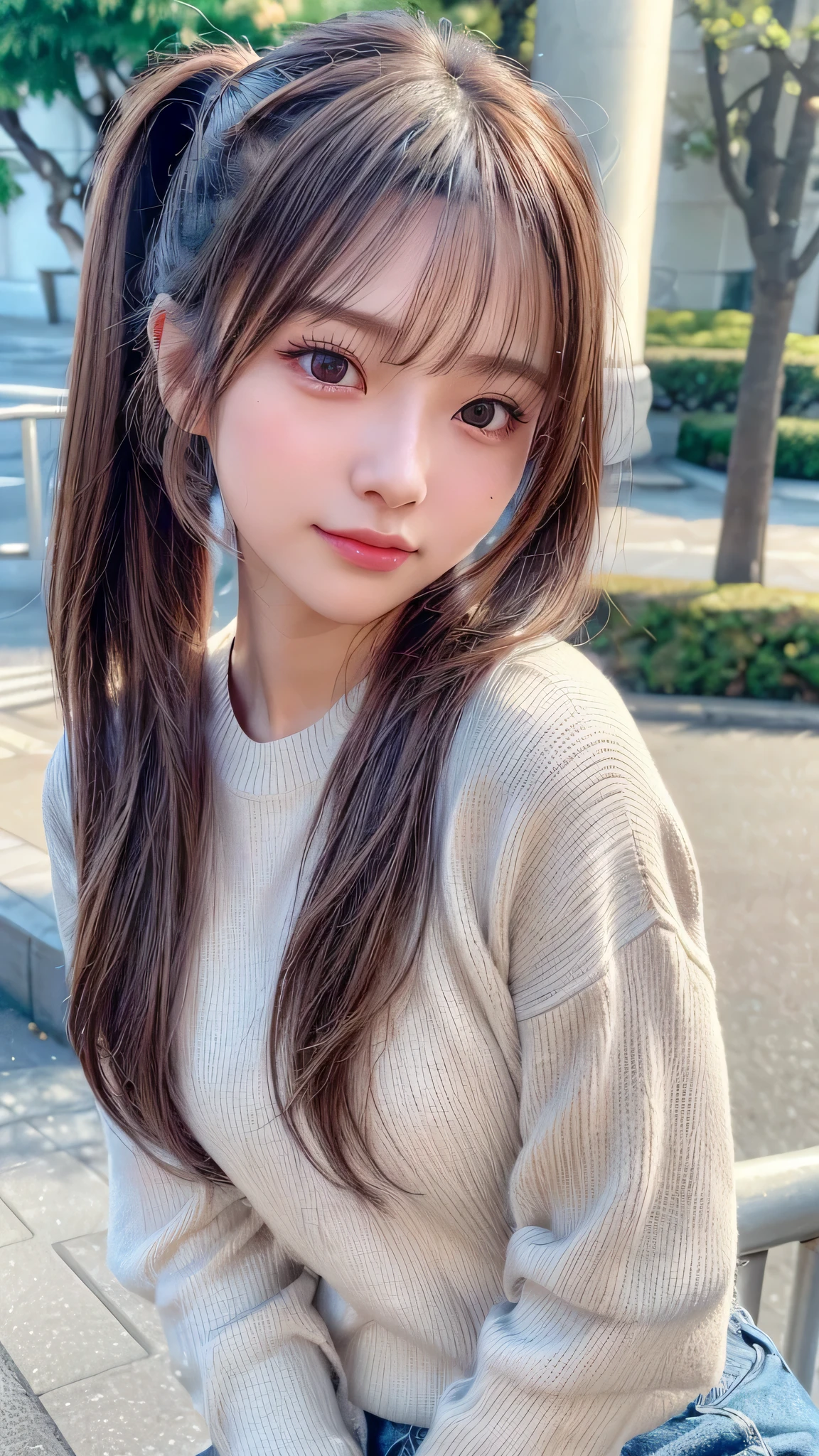 blush,,small breasts,winter,long hair ponytail,winter,wearing a white long-sleeved knit sweater,wearing jeans,enjoying the date,Japanese amusement park,close up of face,((8K, Raw photo, best quality, muste piece:1.2), (Reality, photorealistic:1.4), (Highly detailed 8K wallpaper), Depth of bounds written, cinematic lighting, soft light, detailed beauty eye,Shiny and smooth light brown ponytail, asymmetrical bangs, shiny skin, super detailed skin ,high resolution, high detail, detailed hairstyle, detailed beauty face, hyper real, perfect limbs, perfect anatomy ,1 Japanese girl,famous japanese idol, perfect female body,shy smile,short eyelashes,double-edged eyelids,look straight here,Hair style is ponytail,