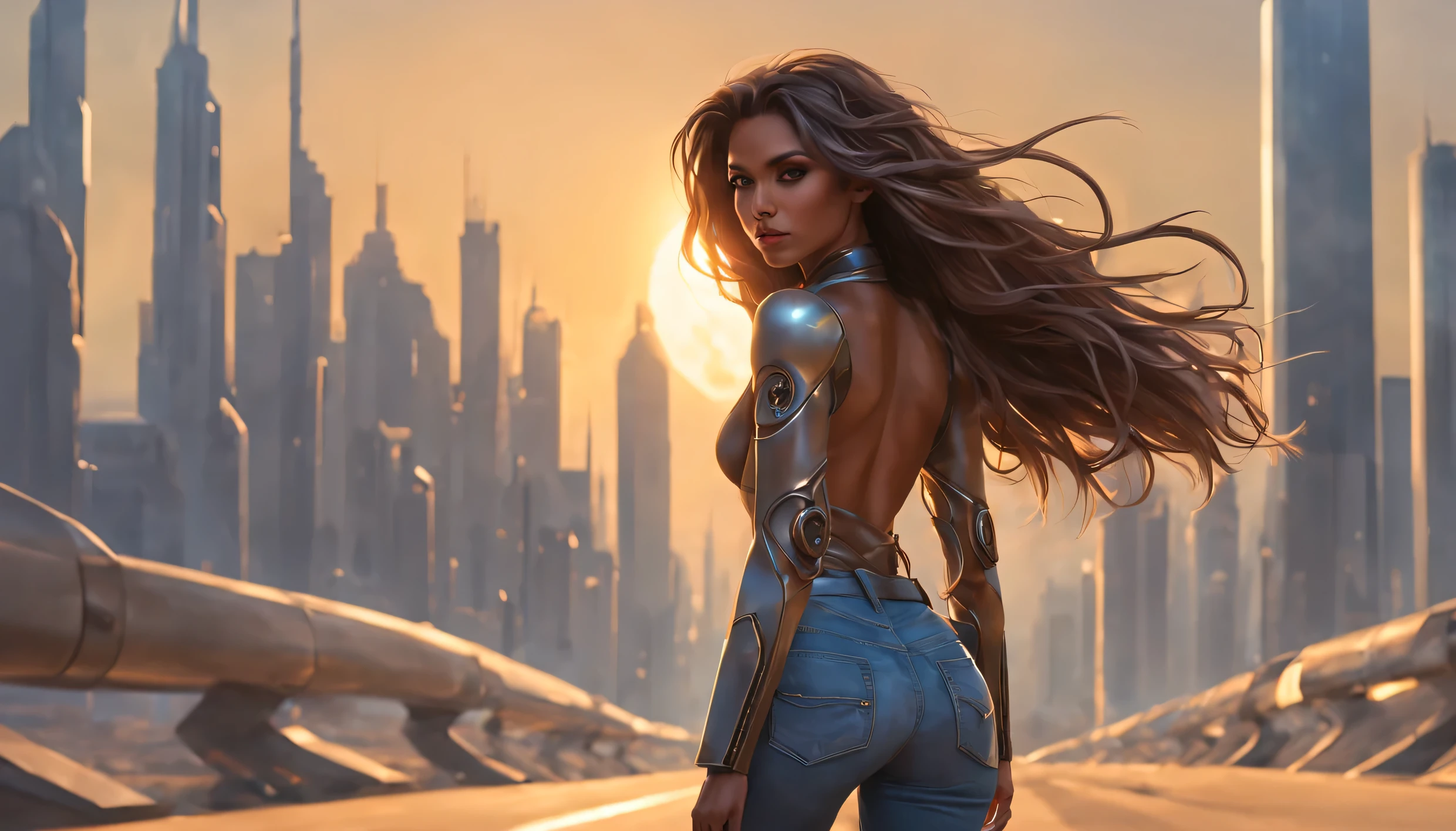 Uma mulher caminhando por uma longa estrada, seu olhar fixo no horizonte onde pende um lindo e deslumbrante sol grande. She wears jeans, and her perfect medium-sized buttocks accentuate her cyberpunk-style appearance. Her long hair dances in the wind as she walks forward, passando por uma paisagem urbana que lembra um deserto arenoso. With a flawless face and a perfectly sexy body, it embodies the essence of this futuristic place. Her makeup is subtle, increasing your allure.
