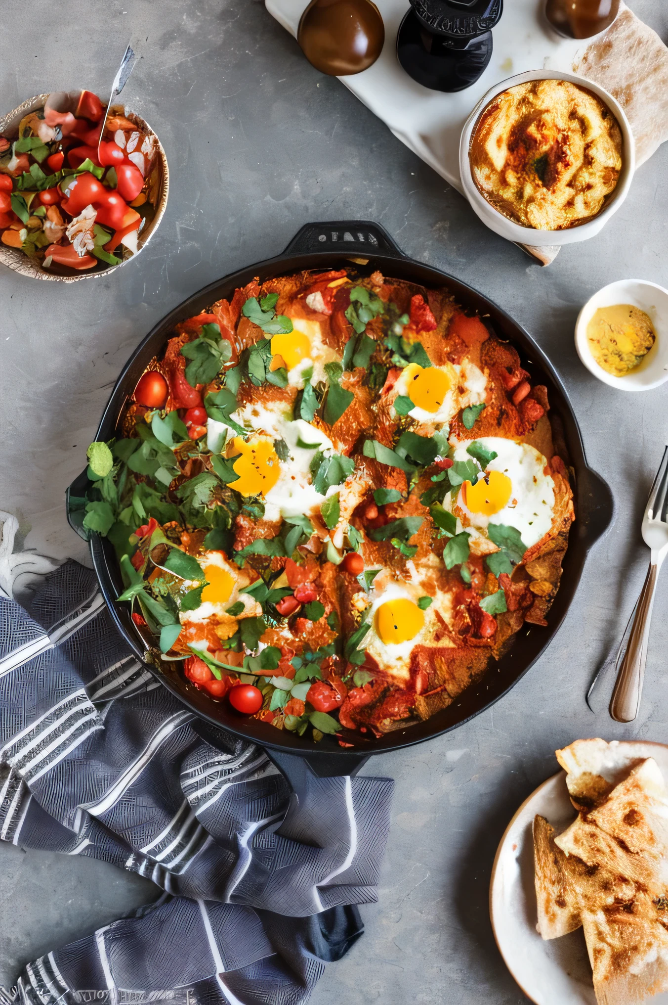 a close up of a pan of eggs with tomatoes and bread, chilaquiles, the best ever, the best, middle eastern, moroccan, ❤🔥🍄🌪, stunning sight, persian, legendary masterpiece, kano), 💣 💥💣 💥, sunday, stunning image, recipe, beautiful masterpiece, eggs, fan favorite, chuvabak, molten