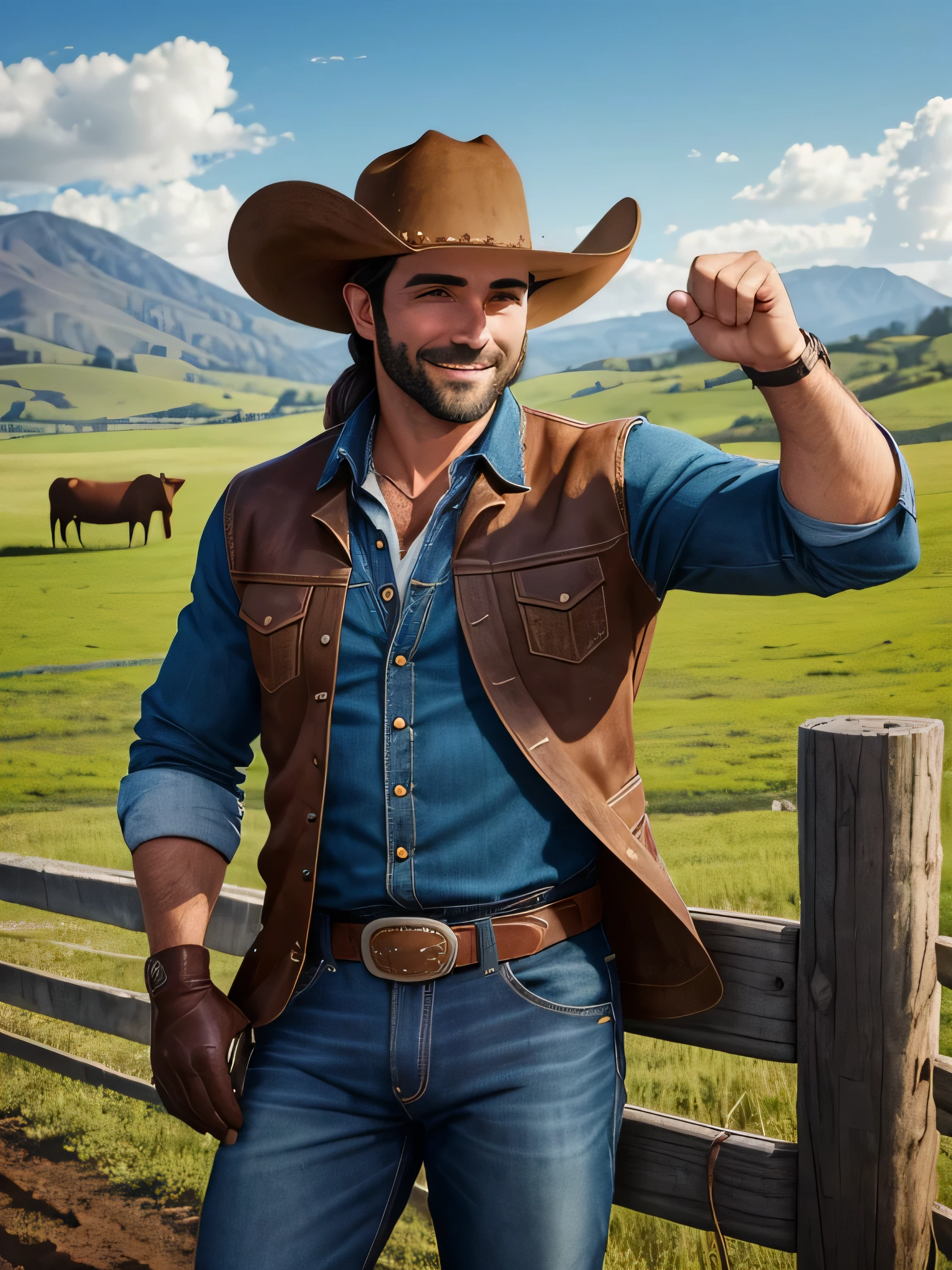 Title: "Vaqueiro Sorridente: Pasture illustration with herd"
Description:
Create a charming illustration of a 35-year-old cowboy in a country style, apresentando uma barba baixa. Ele veste uma camisa azul claro, um colete marrom escuro, jeans, botas de couro, e um cinto de couro robusto. The cowboy is smiling, making a gesture of approval with the thumb of his right hand and wearing dark brown leather gloves. A cena se desenrola ao lado de uma cerca de madeira, delimitando um pasto onde vacas brancas e bezerros pastam pacificamente. um cavalo preto, sealed and tied to the fence, completes the country scene. Make sure you capture the essence of the cowboy, o ambiente rural, and friendly interaction with the herd.