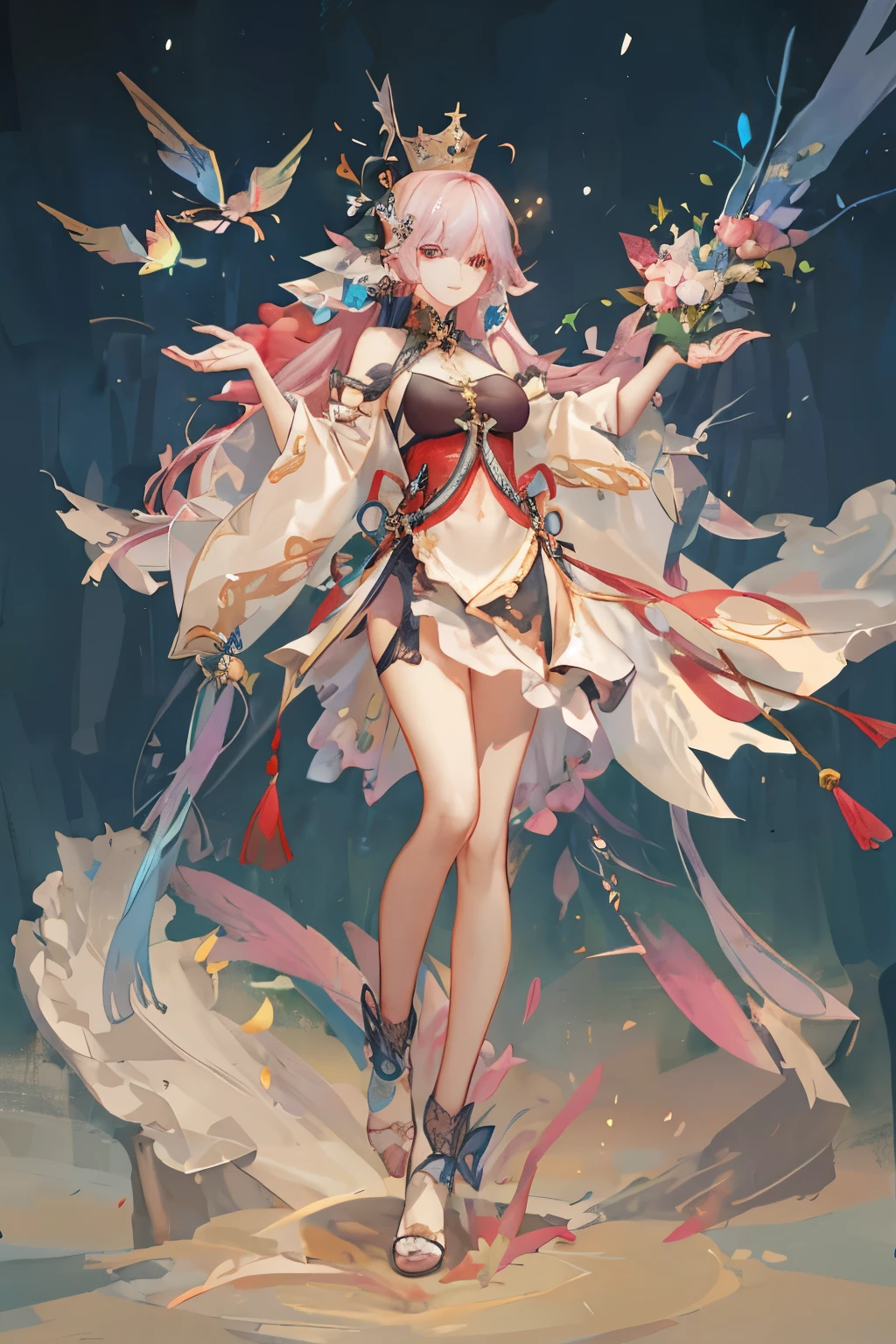 Close-up of a woman wearing a butterfly skirt, beautiful fantasy queen, ((beautiful fantasy queen)), full body xianxia, xianxia fantasy, Ethereal animation, Beautiful full body concept art