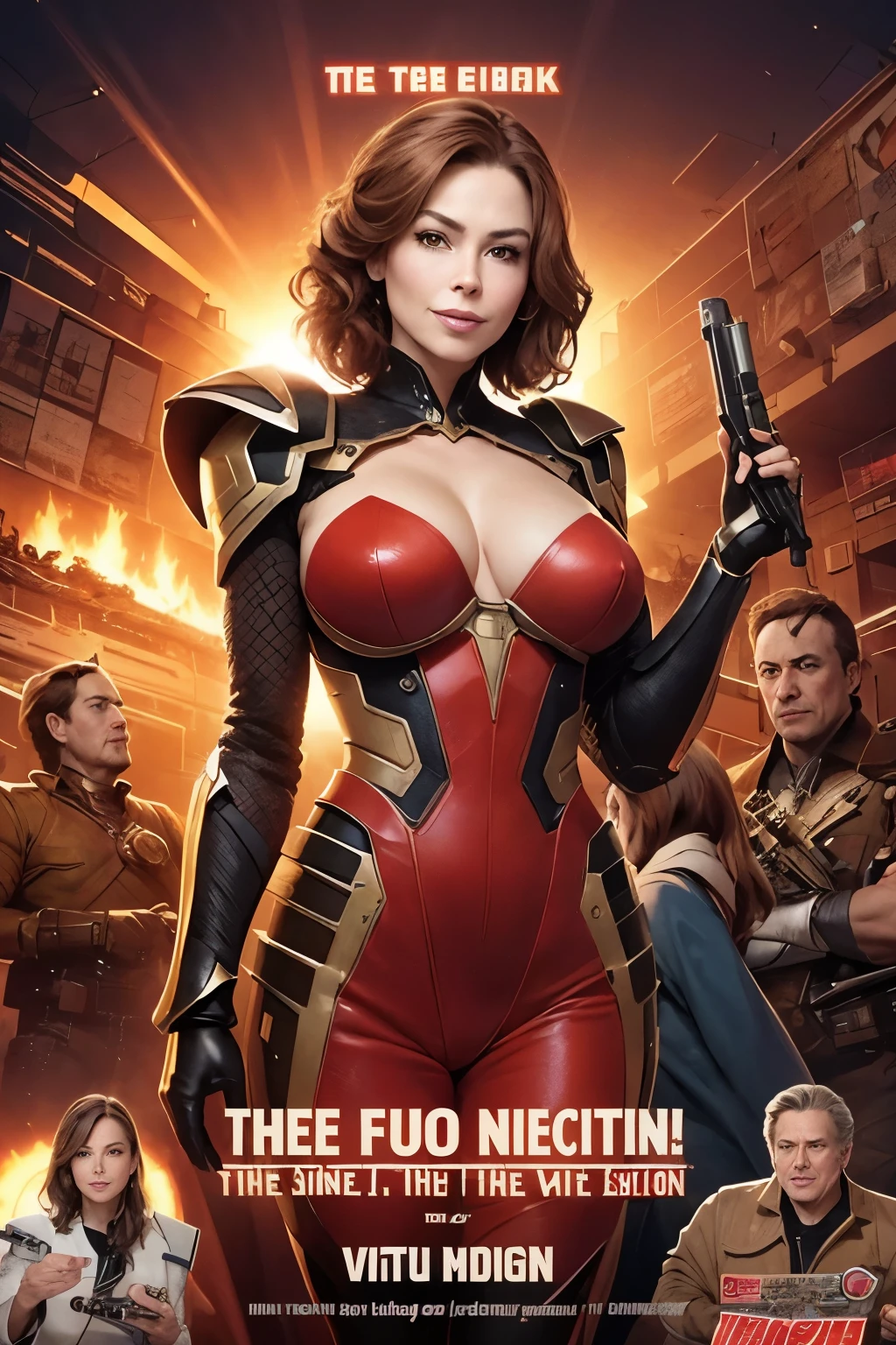 there is a woman in a dress standing in front of a giant robot, by Don Maitz, portrait of sofia vergara, promotional art, attractive brown hair woman, retropunk, protagonist in foreground, inspired by Louis Pohl, mechanic, anime visual of a young woman, compute shader, inspired by Donato Giancola, youtube thumbnail, chrome art  