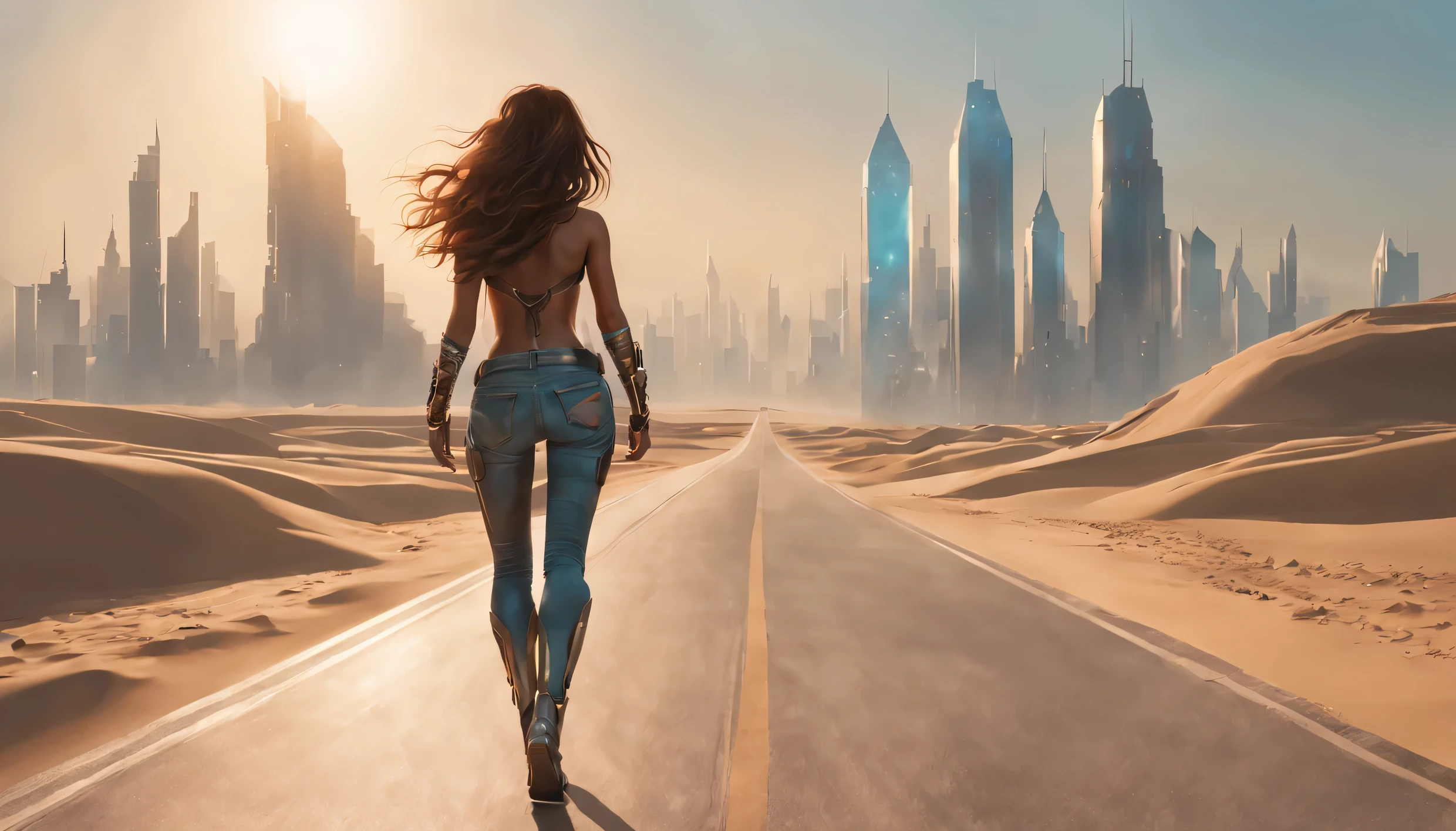 Uma mulher caminhando por uma longa estrada, seu olhar fixo no horizonte onde pende um lindo e deslumbrante sol grande. She wears jeans, and her perfect medium-sized buttocks accentuate her cyberpunk-style appearance. Her long hair dances in the wind as she walks forward, passando por uma paisagem urbana que lembra um deserto arenoso. With a flawless face and a perfectly sexy body, it embodies the essence of this futuristic place. Her makeup is subtle, increasing your allure.
