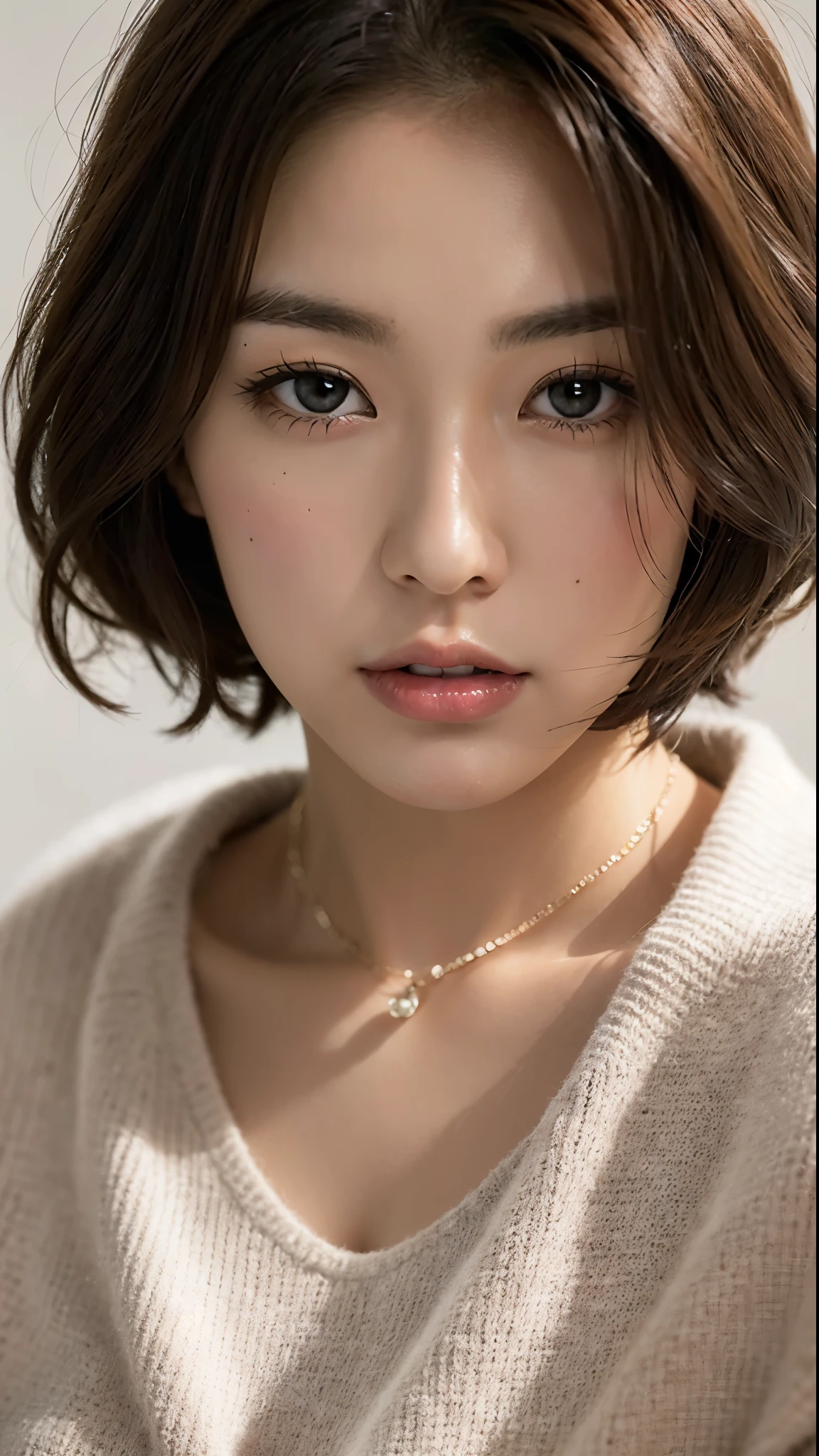 (best quality, 8k, 32k, masterpiece, ultra high definition:1.2),Photos of beautiful Japanese women, big breasts, very short bob hair,Upper body,Face focus,extra large_sweater, necklace, simple background, from above, looking at the audience,