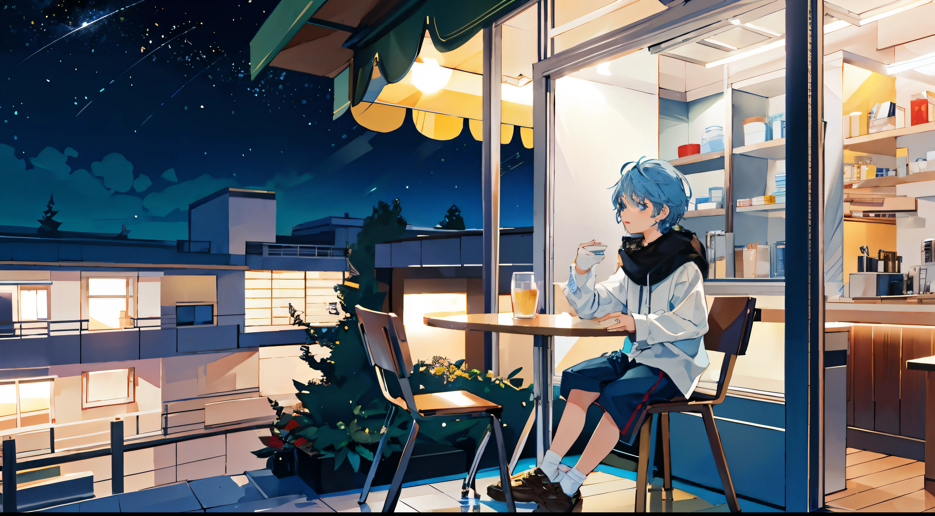 Light blue short hair boys,Light blue gradient eyes,Casual and simple shorts,coffee shop,white table and chairs,sit on the chair,The expression is lively and cute,Exquisite scenes,dark night,starry sky